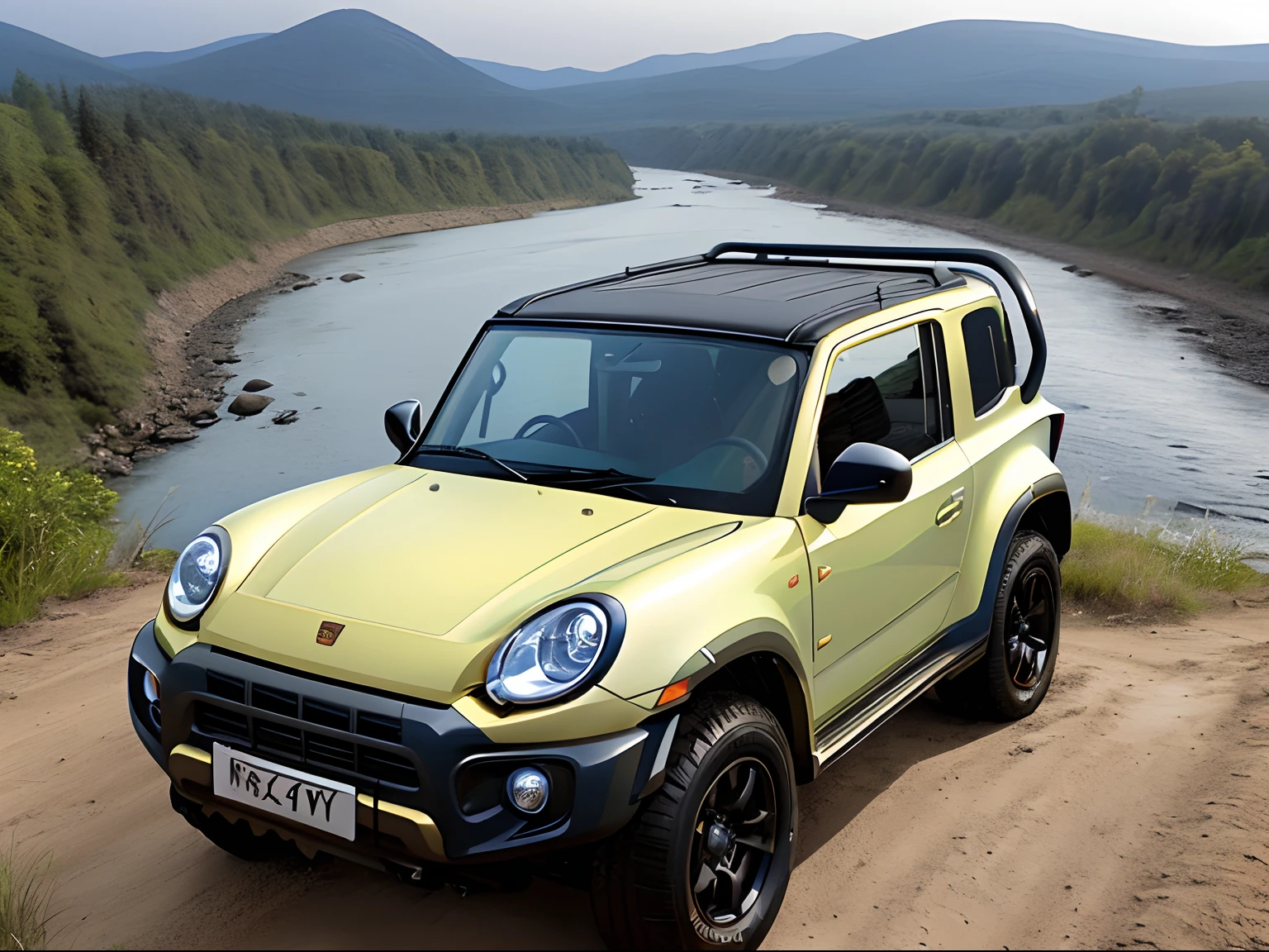 one car、Photorealsitic、high-detail、SUV、(Jimny、Porsche 911 Carrera、mix)、Dirt Tires、Over Fender、Metal bumper、Roof carrier、Balance、mountain road、river bank、Yellow paint、Beautiful car body