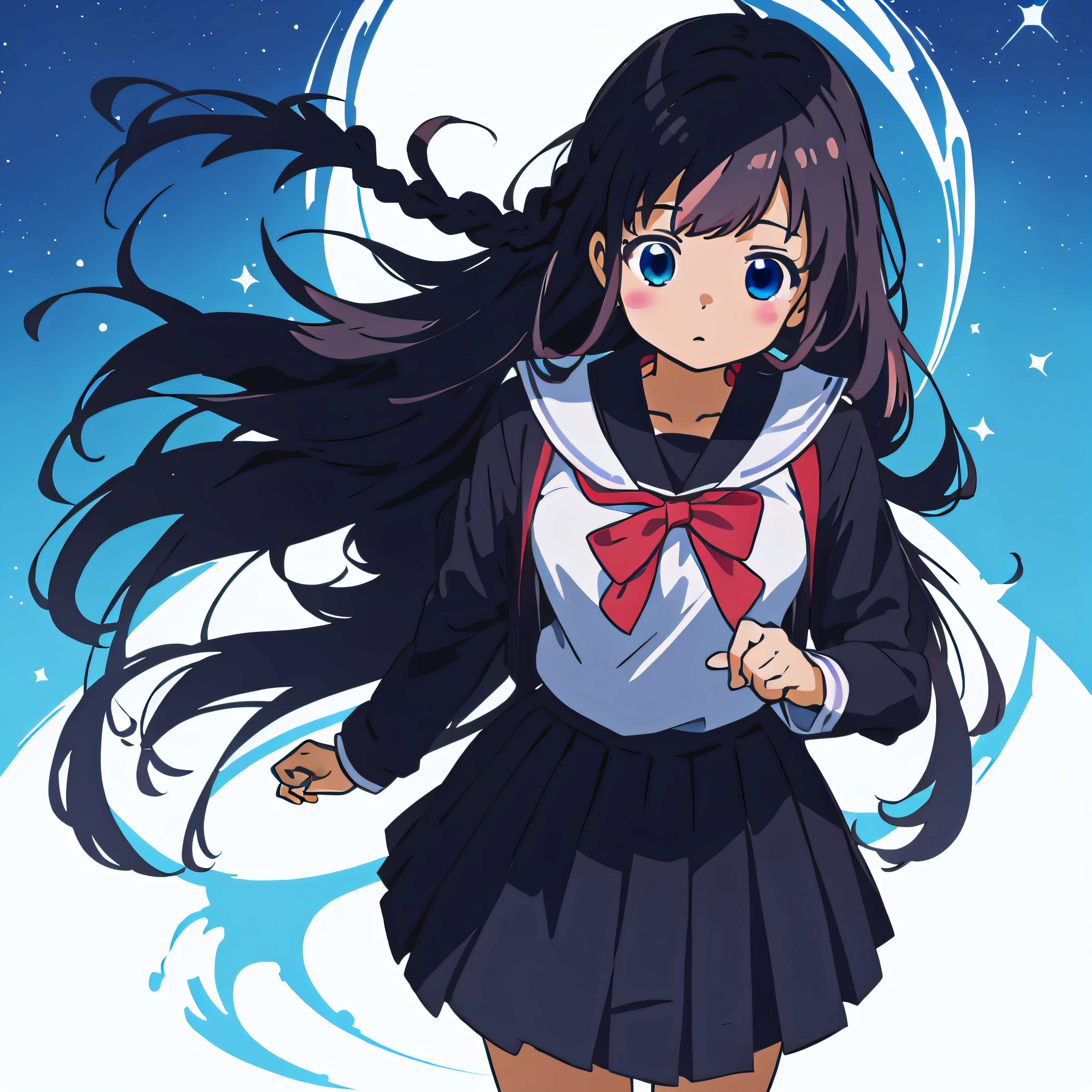 Anime illustrations in the style of "Kyoto Animation", highest quality, (cute: 1.1), (cute), (high resolution: 1.2), incredibly ridiculous: 1.3, incredibly fine illustrations, break 1 Beautiful Girl、独奏、Silhouette of the eyes of the stars、 solo,Angle from above, from the chest up、Big breasts, break ,Braids、Black hair、Semi-long hair、High school students、japanese hight school uniform、Dark blue skirt、a sailor suit、break、school classrooms