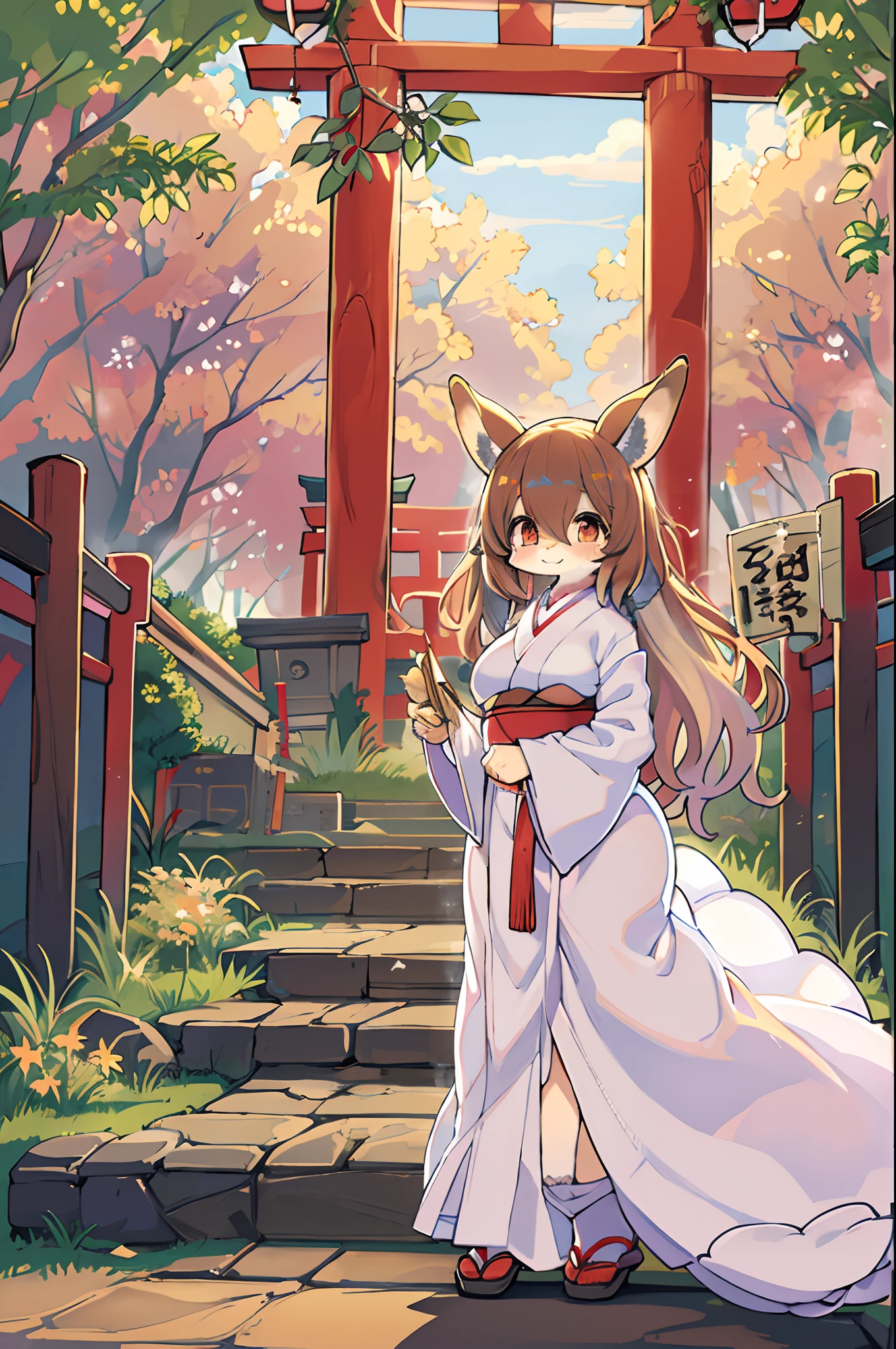 Fox Woman、body covered with fur、huge-breasted、kawaii、shrine maiden、Japan white clothes,Red Hakama、torii gate,summer day、((High Position))、A big smile、bbw、thick thight、big butts、Ultramammy,Chibi,Nanachi