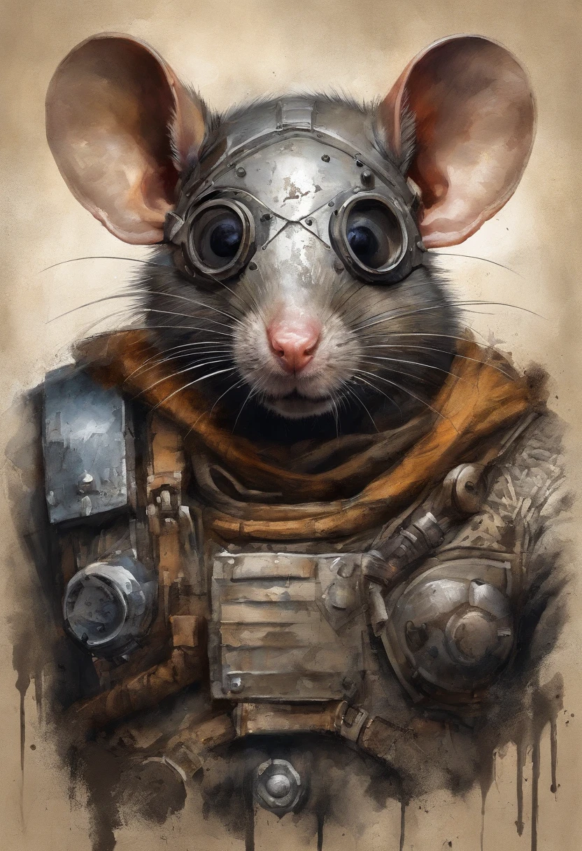 top-quality, Dramatic Lighting, menacing pose, fierce look, epic atmosphere, (((Helmet in the shape of a rat's head))), (((Full body shot))),Metal rat, cyborgs, Cyberpunk style, Clockwork, ((Intricate details)), nffsw, ((Intricate details, hyperdetails)), incandescent lamps, cinematic shot, Vignette, bokeh effect beckground, (rat), (Full body shot).