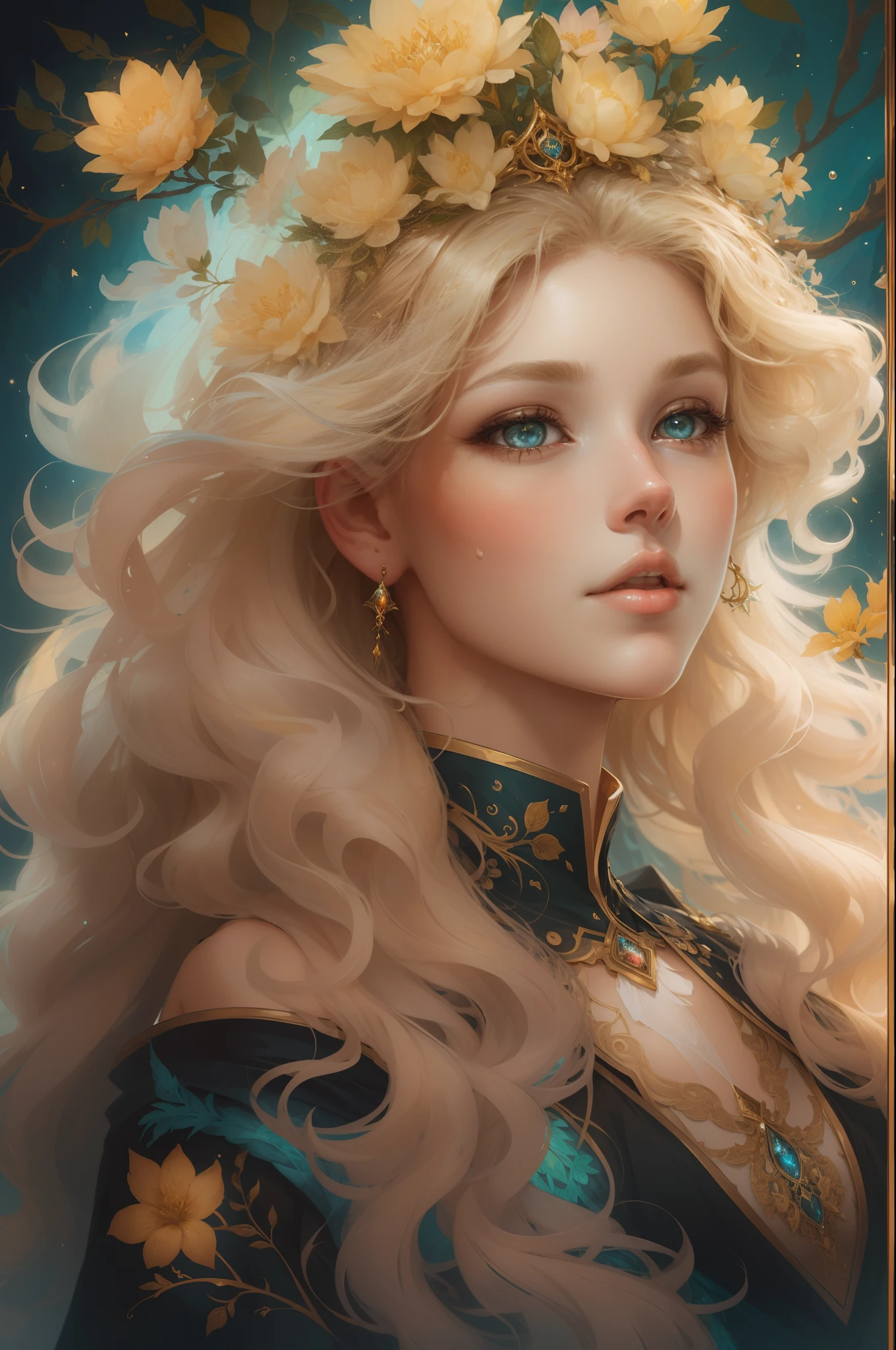 （（Gorgeous 18-year-old princess）），（She has long flowing blonde hair），（Bright and beautiful eyes），trendding on artstation，Flowers of Hope by Jean-Honor Fragonard，Peter Mohrbacher，ultra-detailliert，insanely details, Amazing, complex, elite, Art Nouveau, a gorgeous, Liquid wax, elegant, Luxurious, greg rutkovsky, Ink style, a sticker, Vector art beautiful character design, Dual exposure shooting, Luminous design, winning artwork, tmasterpiece, AMOLED black background,optic