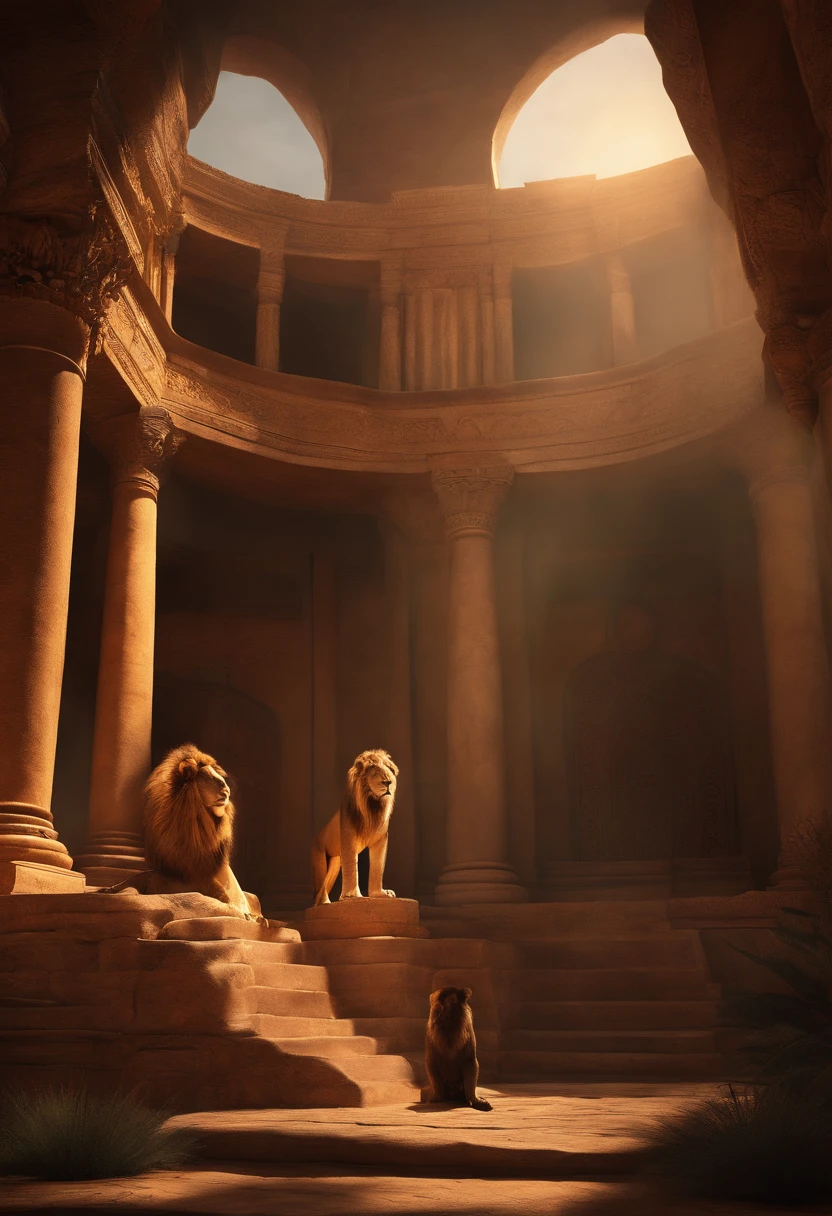 "Daniel in the Lions' Den, cinematically inspired, Hdr, primitive, intricate, high quality, magnificent shades, complex details, super-fine, OC render"
