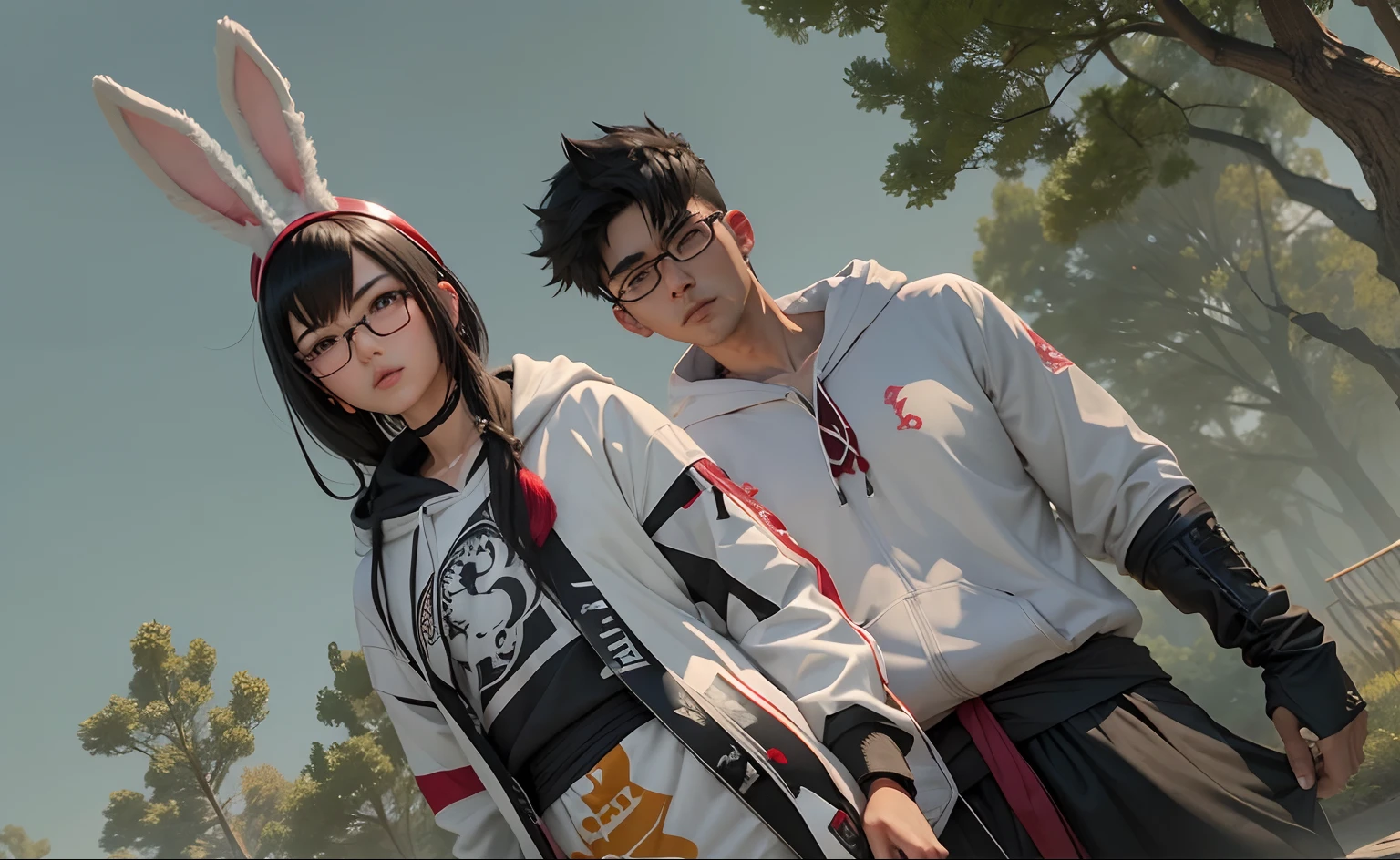 one guy, black hair with clear glasses, red horn headdress, handsome Asian face. gray hoodie with laces. one Asian girl with light brown hair, rabbit ear headdress, punk dress white,face details,very realistic,high quality,animation.characters.masterpiece