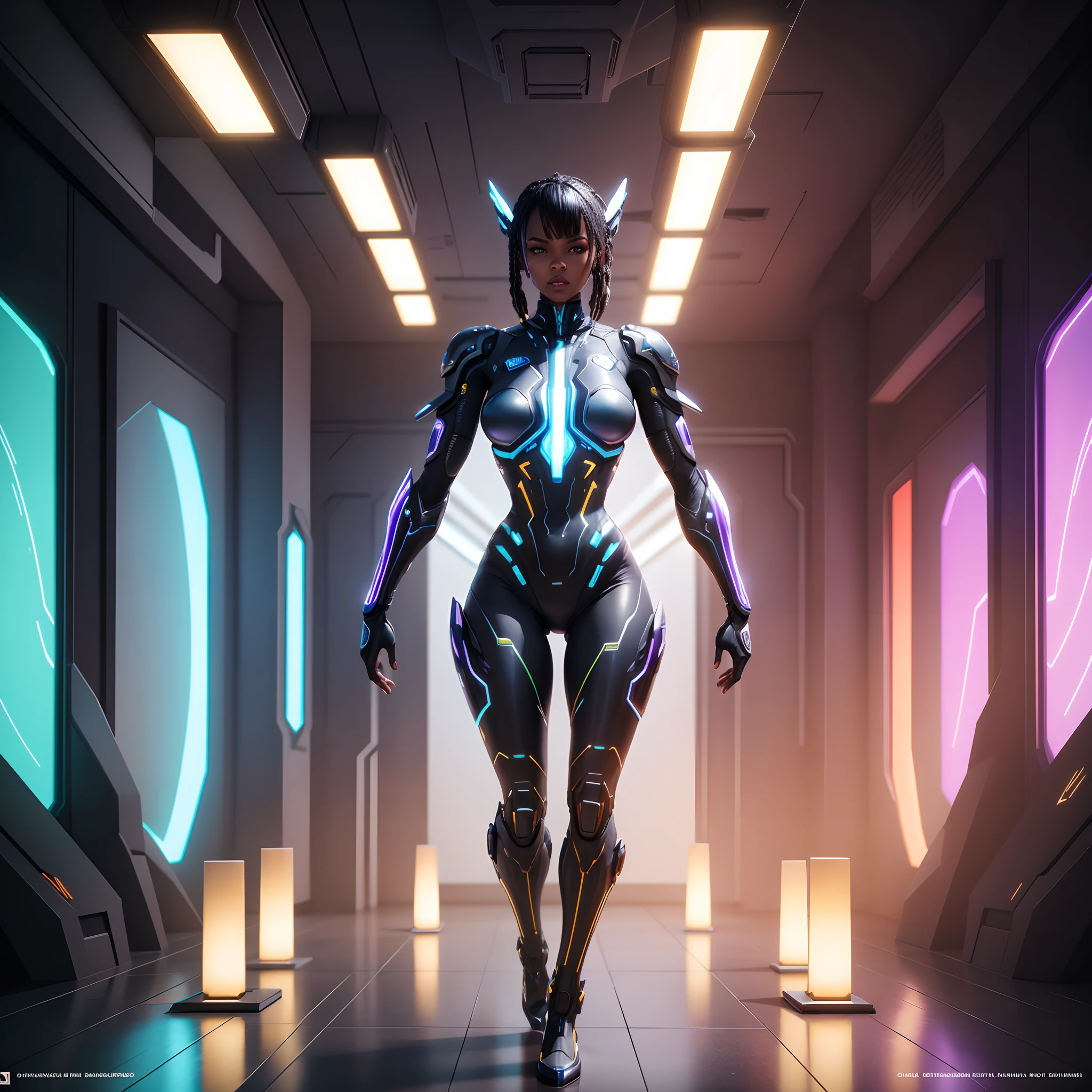 Full body shot of a black woman cyborg in a futuristic room full of futuristic African designed sculptures, floating futuristic lamps shining, with iridescent light, 32k, ultra HD, unreal engine rendered, cinematic lighting, artgerm style, bright and vibrant colours, photorealistic image,