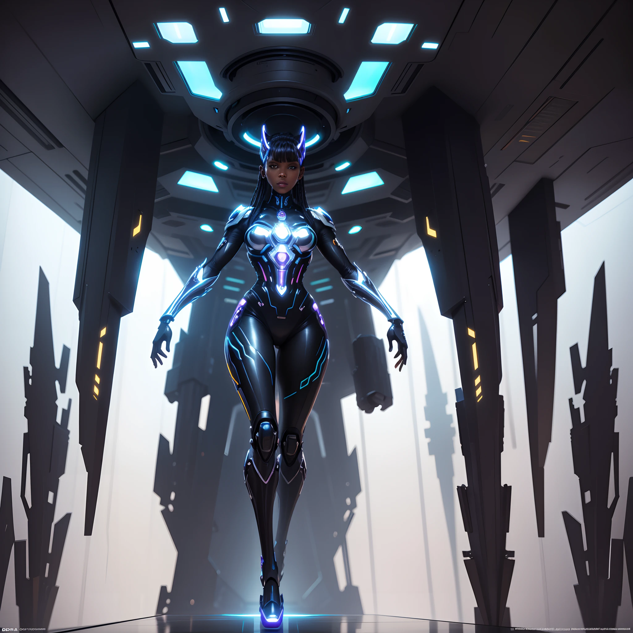 Full body shot of a black woman cyborg in a futuristic room full of futuristic African designed sculptures, floating futuristic lamps shining, with iridescent light, 32k, ultra HD, unreal engine rendered, cinematic lighting, artgerm style, bright and vibrant colours, photorealistic image,