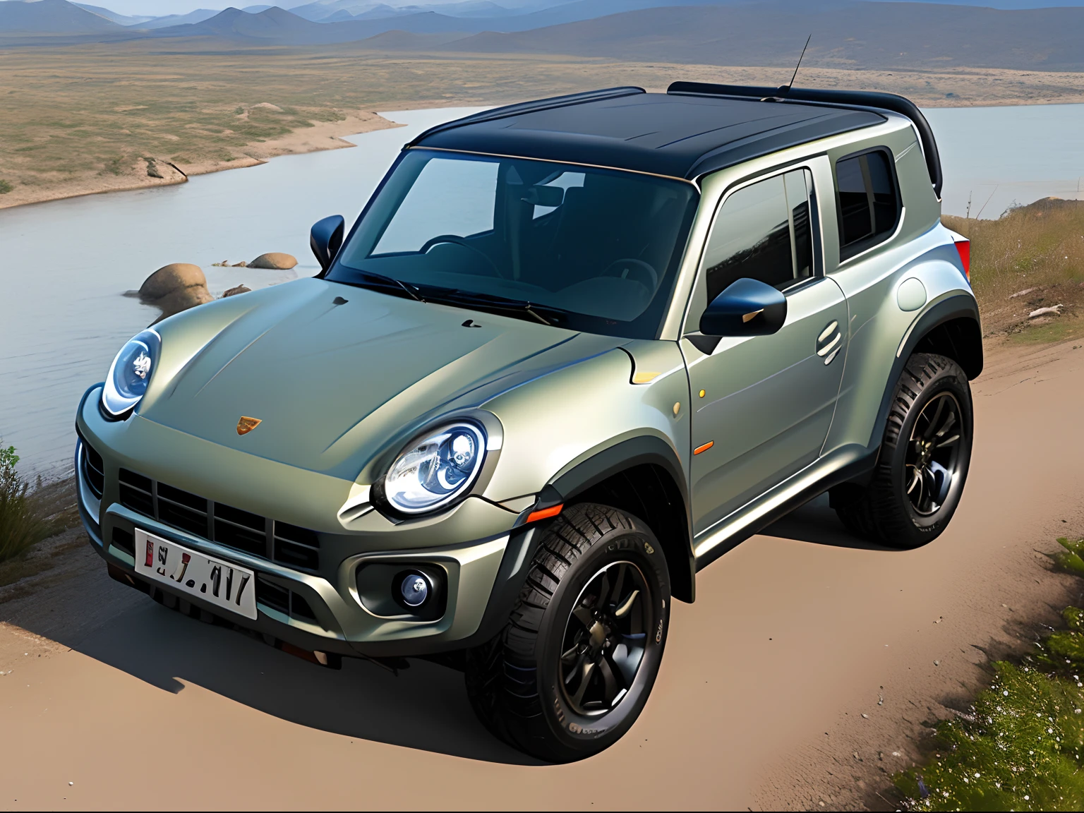 one car、Photorealsitic、high-detail、SUV、(Jimny、Porsche 911 Carrera、mix)、Dirt Tires、Over Fender、Metal bumper、Roof carrier、Balance、mountain road、river bank、Gun Metallic Paint、Beautiful car body