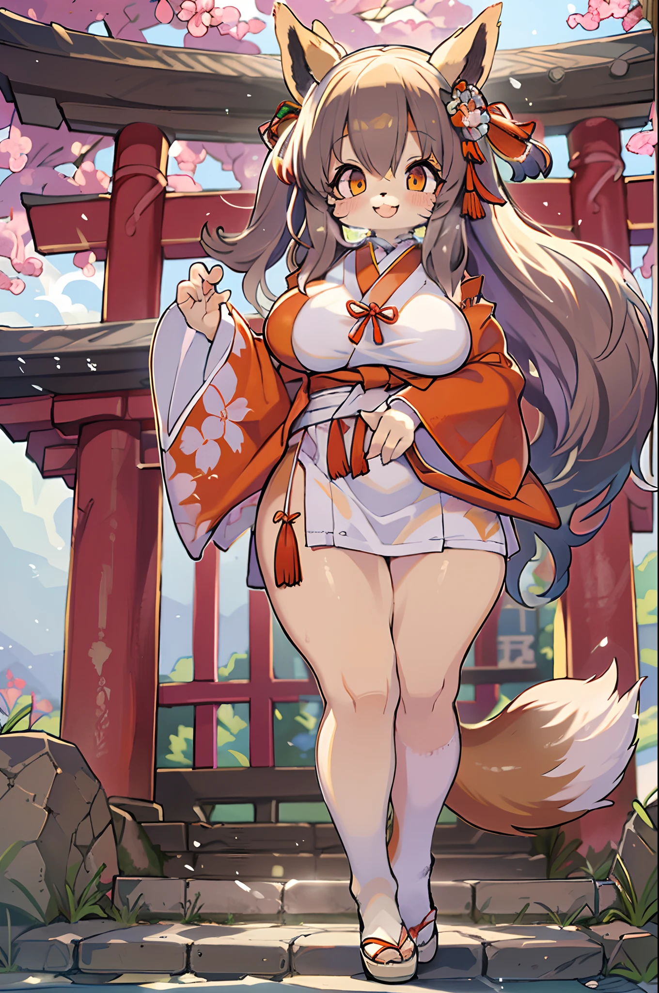 Fox Woman、body covered with fur、huge-breasted、kawaii、shrine maiden、Japan white clothes,Red Hakama、torii gate,summer day、From below、Wide Shot、Very Wide Shot、A big smile