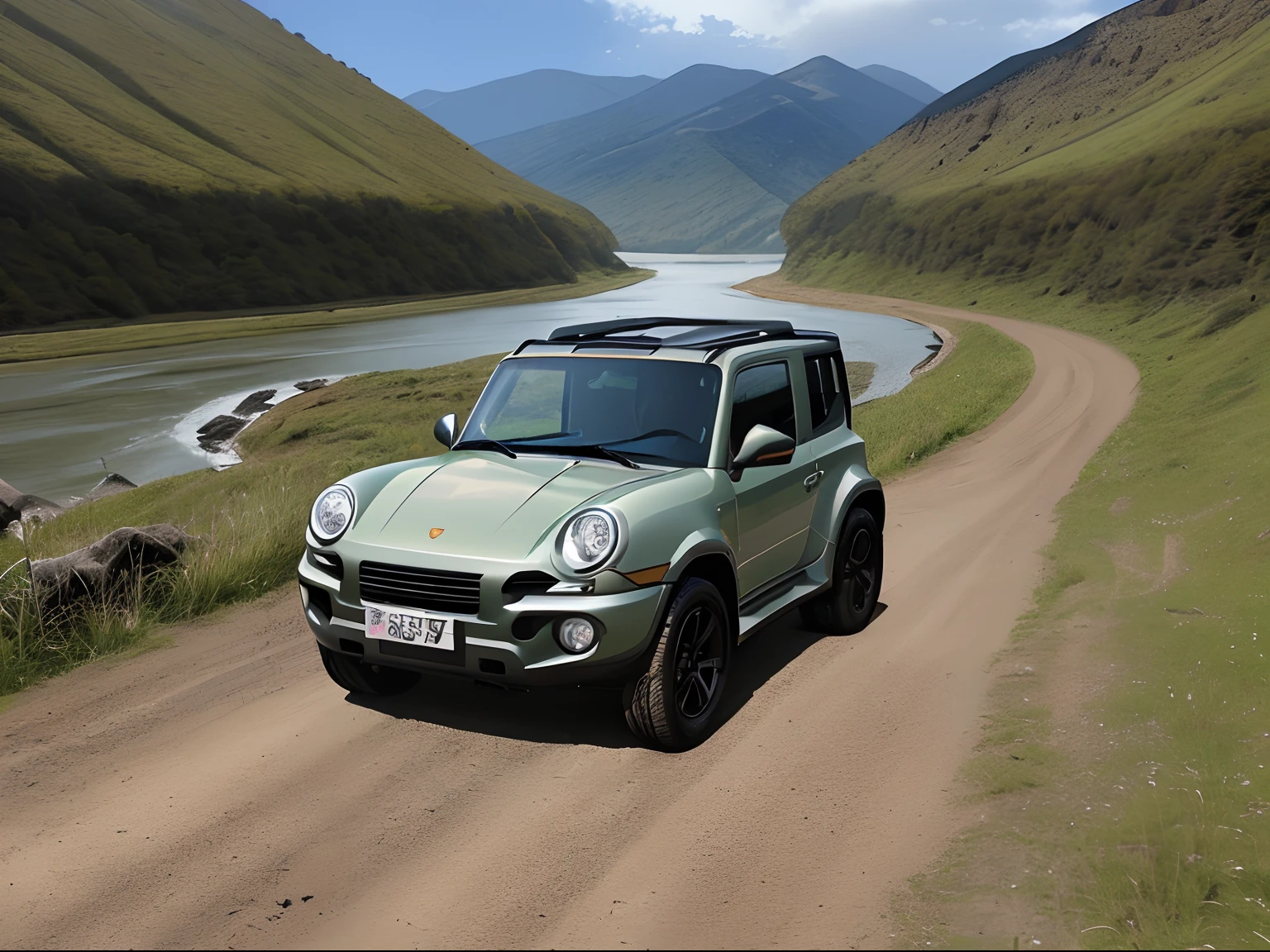 one car、Photorealsitic、high-detail、SUV、(Jimny、Porsche 911 Carrera、mix)、Dirt Tires、Over Fender、Metal bumper、Roof carrier、Balance、mountain road、river bank、Gun Metallic Paint、Beautiful car body