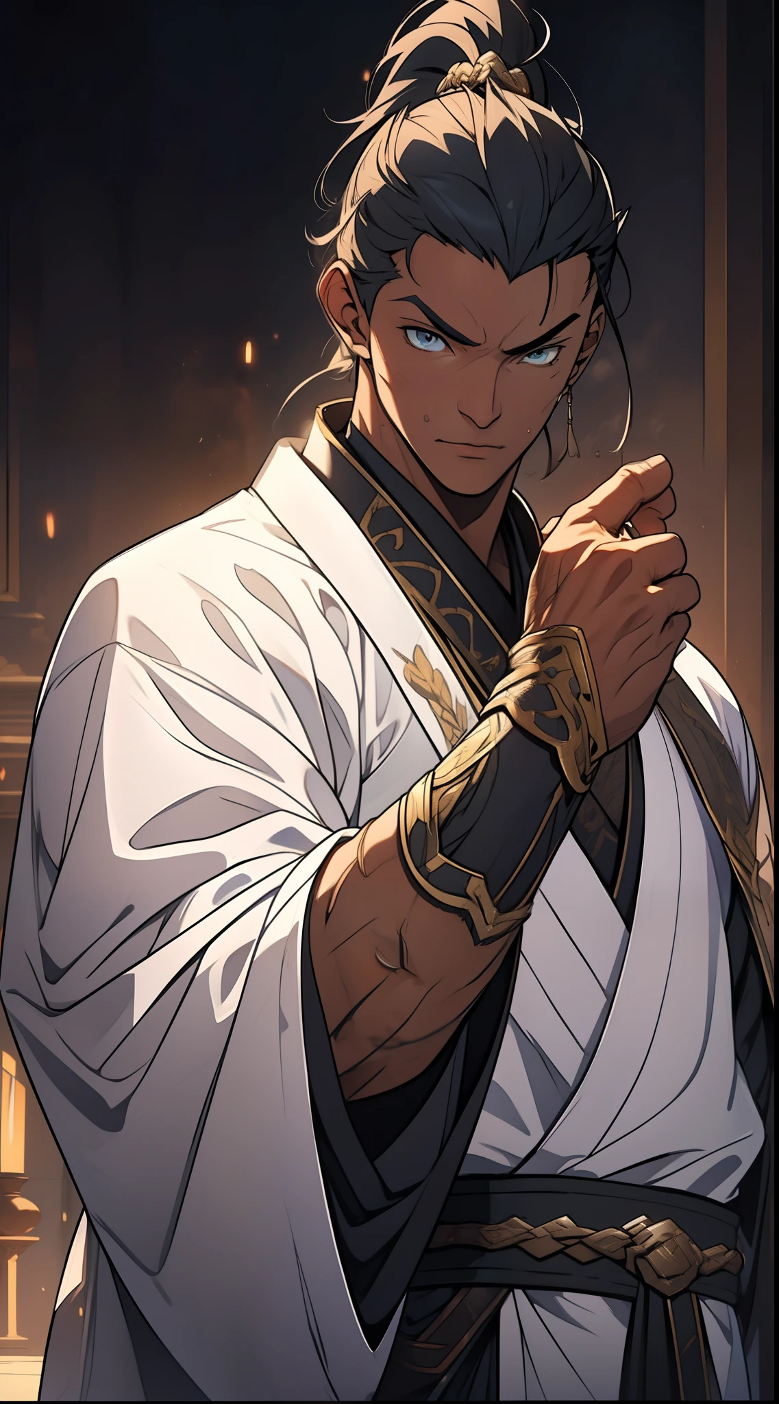 quadratic element,style of anime,mtu(Male Warrior),The proportions are correct,Face details,swordsmen,High ponytail hairstyle,Neck details,There is an Adam's apple,White robe,kaftan,long white robe,clothes details,Handing over,longer sleeves,Game quality,Swordsmanship,Light and shadow tracking,Ray traching,detailed glow,cg render,hair detail,cabelos preto e longos,blue colored eyes,Handsome,Handsome,(juvenile sense),Clothing is complicated,Perfectcomposition,Refinement,high qulity,higher details,Lots of details,The background is complex,a sense of atmosphere,