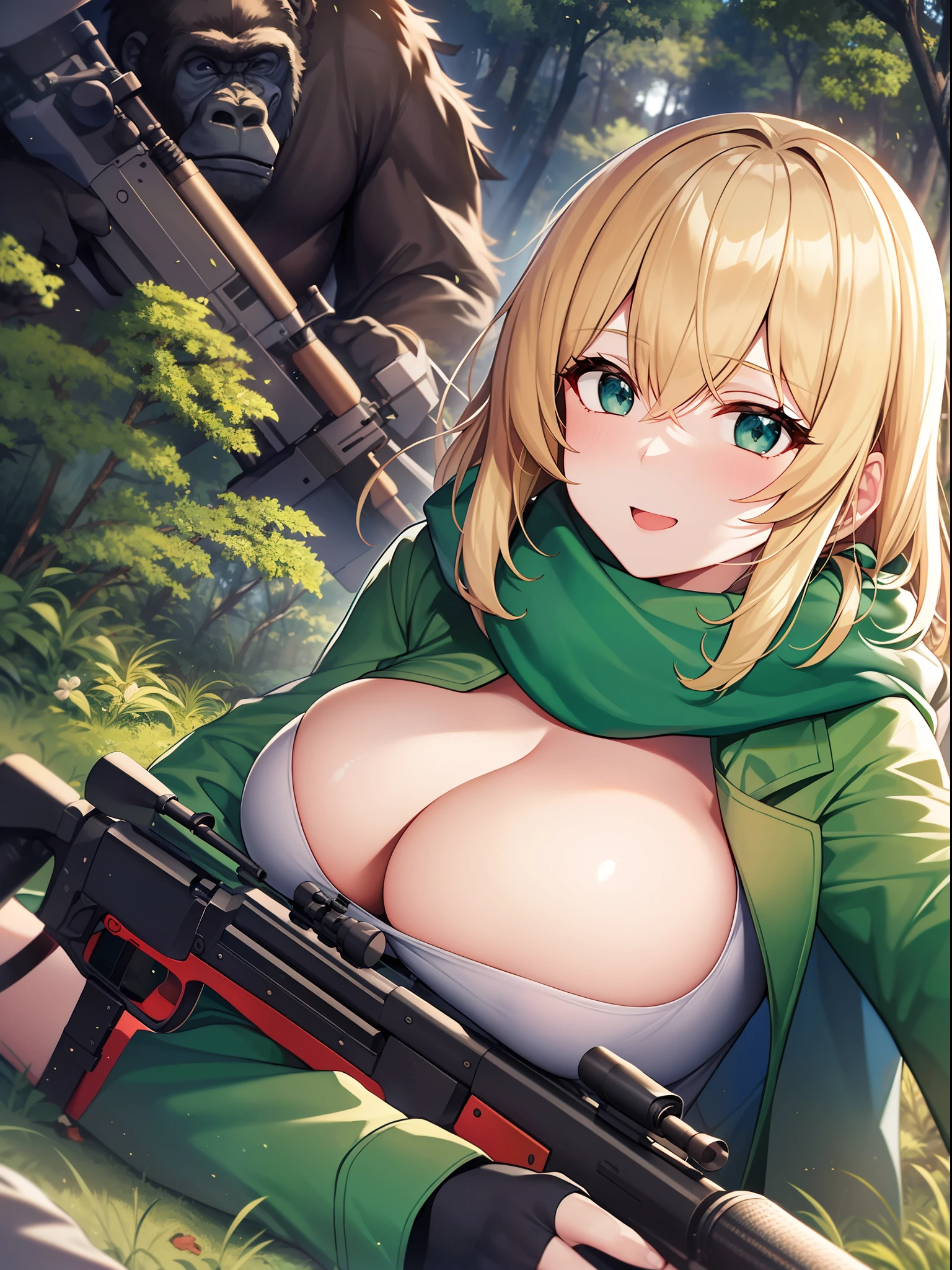 Outrageous resolution、​masterpiece++、top-quality++、ultra-definition++、ultra-definition++、4k++、8k++、from side、（Background Focus）++、Blonde Colossal Mature Sniper Lying Wearing Green Jacket and White Muffler with Sniper Rifle in Forest with Explosion Destroying Cities Praises Gorillas、A blonde colossal breasts mature sniper lying in a green jacket and white scarf with a sniper rifle in the forest where there is an explosion is slaying a gorilla、The magic of a blonde colossal breasts mature sniper lying in a green jacket with a sniper rifle and a white scarf in a forest with an explosion slays gorillas、In a forest with explosions flying over, a blonde colossal breasts mature sniper lying in a green jacket with a sniper rifle and a white scarf kills a gorilla、A blonde colossal breasts mature sniper lying in a green jacket and white scarf with a sniper rifle in the forest where there is an explosion is a married woman who kills a gorilla、The president of a blond colossal breasts mature sniper lying in a green jacket and white scarf with a sniper rifle in the forest where there is an explosion and exterminates a gorilla、Detailed contemporary art、Contemporary Art Style、Blonde big breasts mature sniper lying in green jacket and white scarf with sniper rifle in forest with beautiful modern explosion witch slays gorilla、College student sniper with blond huge breasts sniper lying in green jacket and white scarf with sniper rifle defeats gorilla in the forest where there is an explosion、Contemporary Art Behans、A high school student with blond huge breasts sniper lying in a green jacket and white scarf with a sniper rifle kills a gorilla in a forest with an explosion、A blonde colossal breasts mature sniper lying in a green jacket and white scarf with a sniper rifle in a forest with a beautiful explosion kills a gorilla、A blonde colossal breasts mature sniper lying in a green jacket and white scarf with a sniper rifle in a forest with a shiny floating explosion kills a gorilla、A b