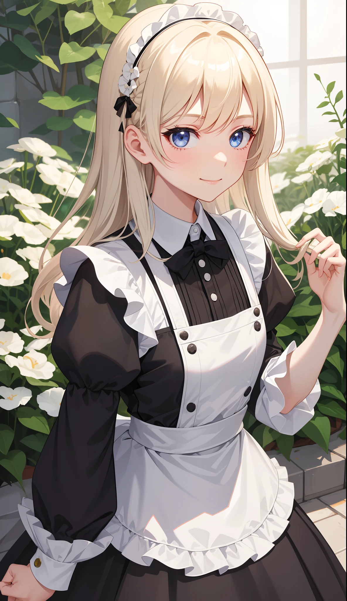 1girl in、AS-Adult、A smile、The shirt、skirt by the、（small tits）、doress、pinafore、Hair decoration、（maid costume）Upper body portrait、White blonde hair、