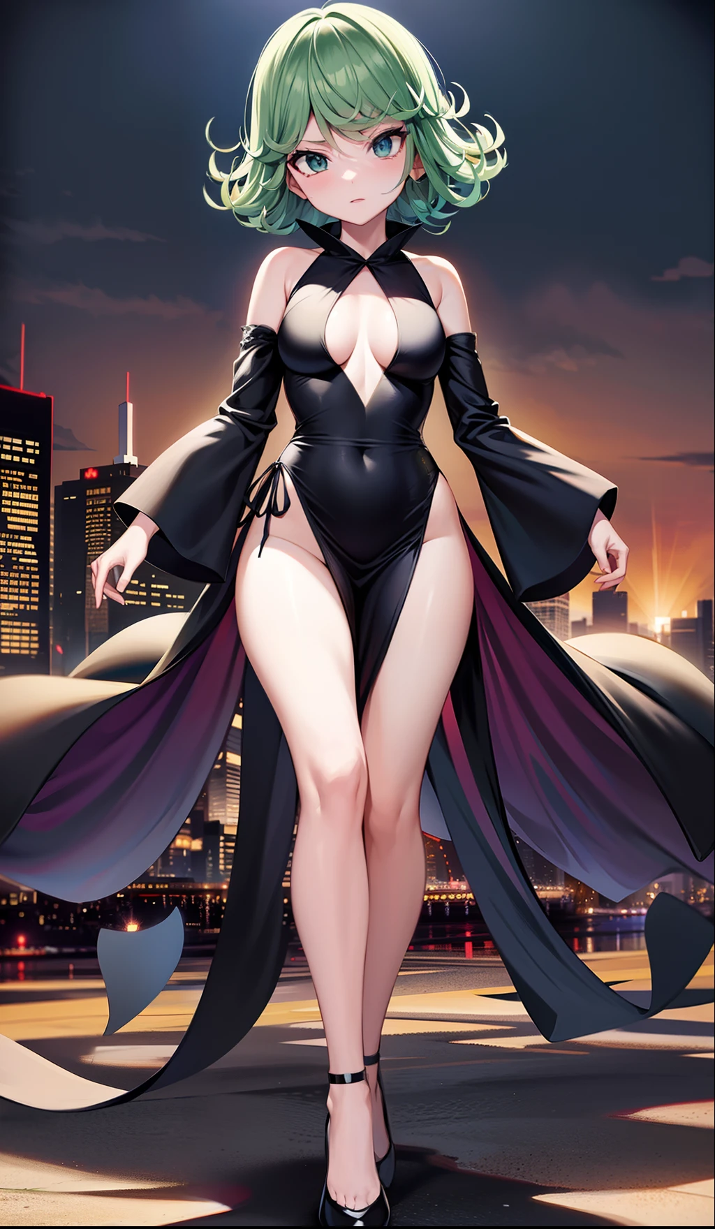 tatsumaki (pelvic curtain:1.2) black dress,(floating:1.2), destroyed city, full body, (glowing body:1.1)