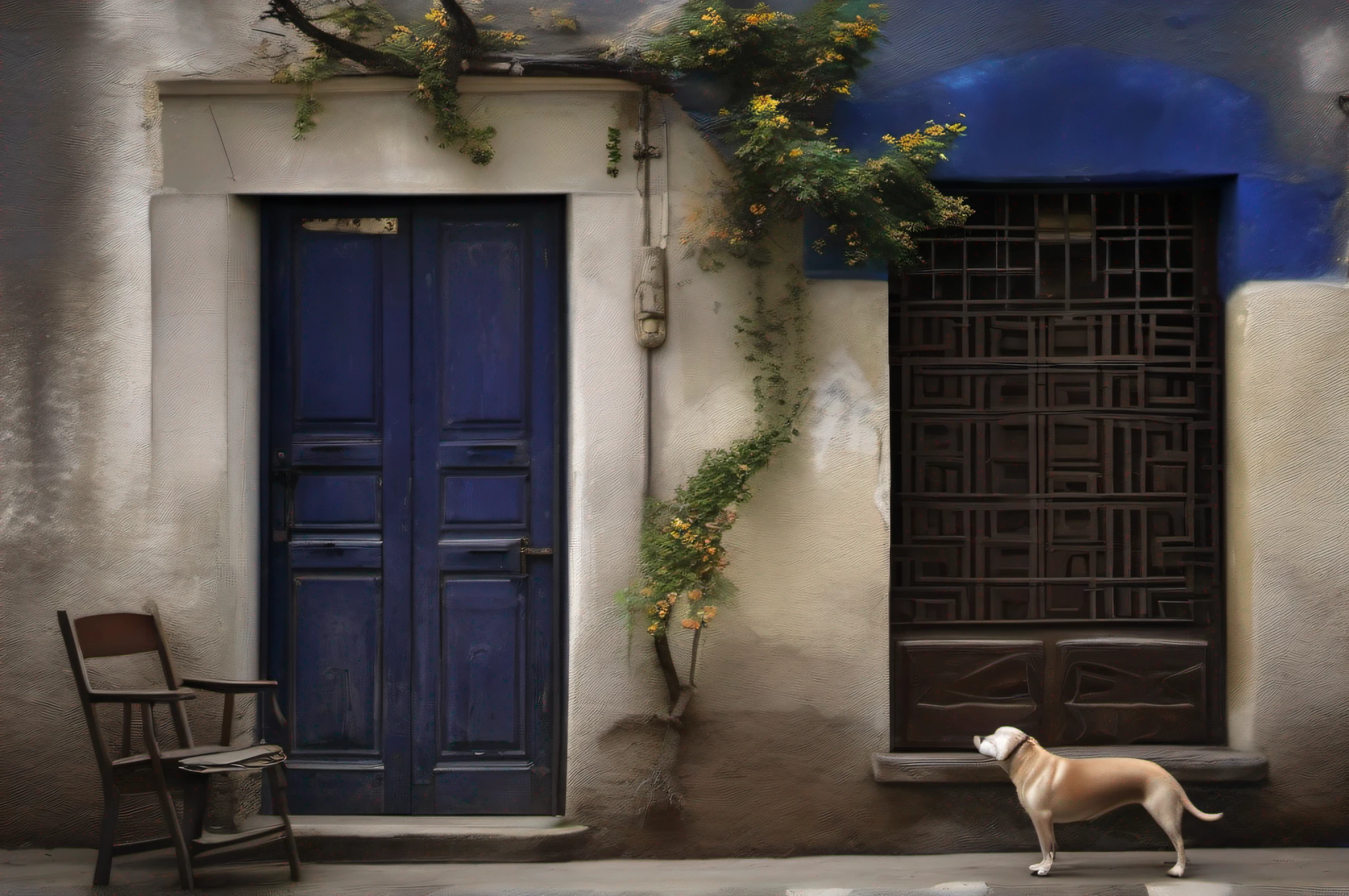 Empty street, small flowering tree, a dark blue colored old door, Old man sitting on an old delapedated chair. A small dog nearby gazing at the old man. Taken with Black Magic pro camera. Ultra realistic photography. Ultra UD 32k. --AR 16:9, -- chaos 1, --v 5., --s 1000, -q1, -- iw2, style raw, -- seed 7