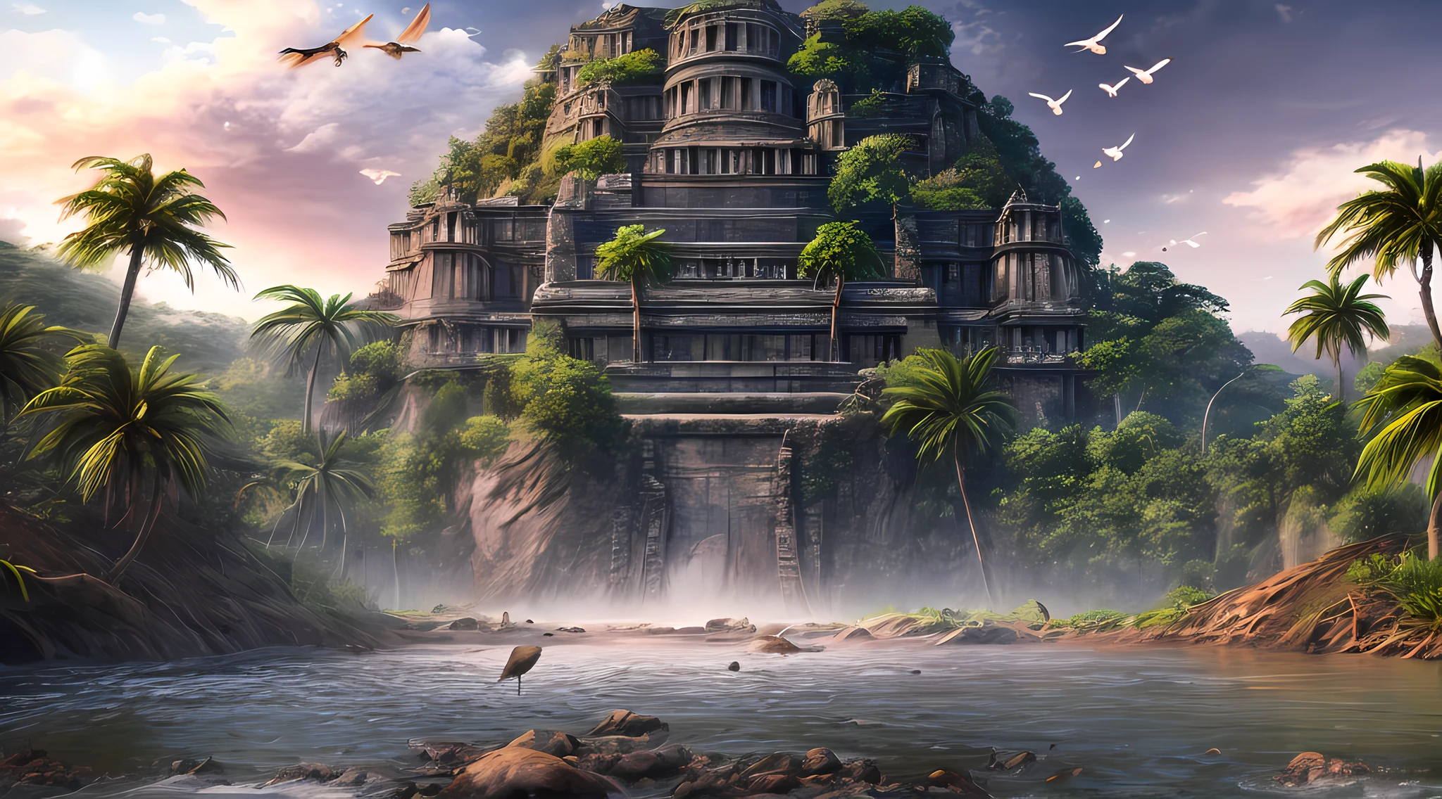 a photorealistic, award winning, best detailed, absurres, landscape picture of a fantasy jungle at dawn, many (jungle trees: 1.3),  a (river crossing the jungle: 1.1), sun rising being reflected in the river, birds flying above, an inca temple in the horizon, best quality, 16k, [ultra detailed], masterpiece, best quality, (ultra detailed), full body, ultra wide shot, photorealistic,