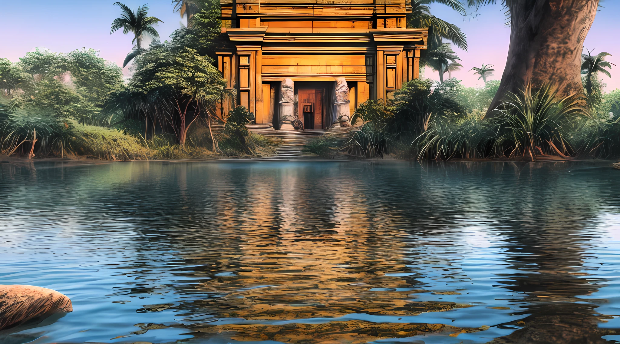 a photorealistic, award winning, best detailed, absurres, landscape picture of a fantasy jungle at dawn, many (jungle trees: 1.3),  a (river crossing the jungle: 1.1), sun rising being reflected in the river, birds flying above, an inca temple in the horizon, best quality, 16k, [ultra detailed], masterpiece, best quality, (ultra detailed), full body, ultra wide shot, photorealistic,