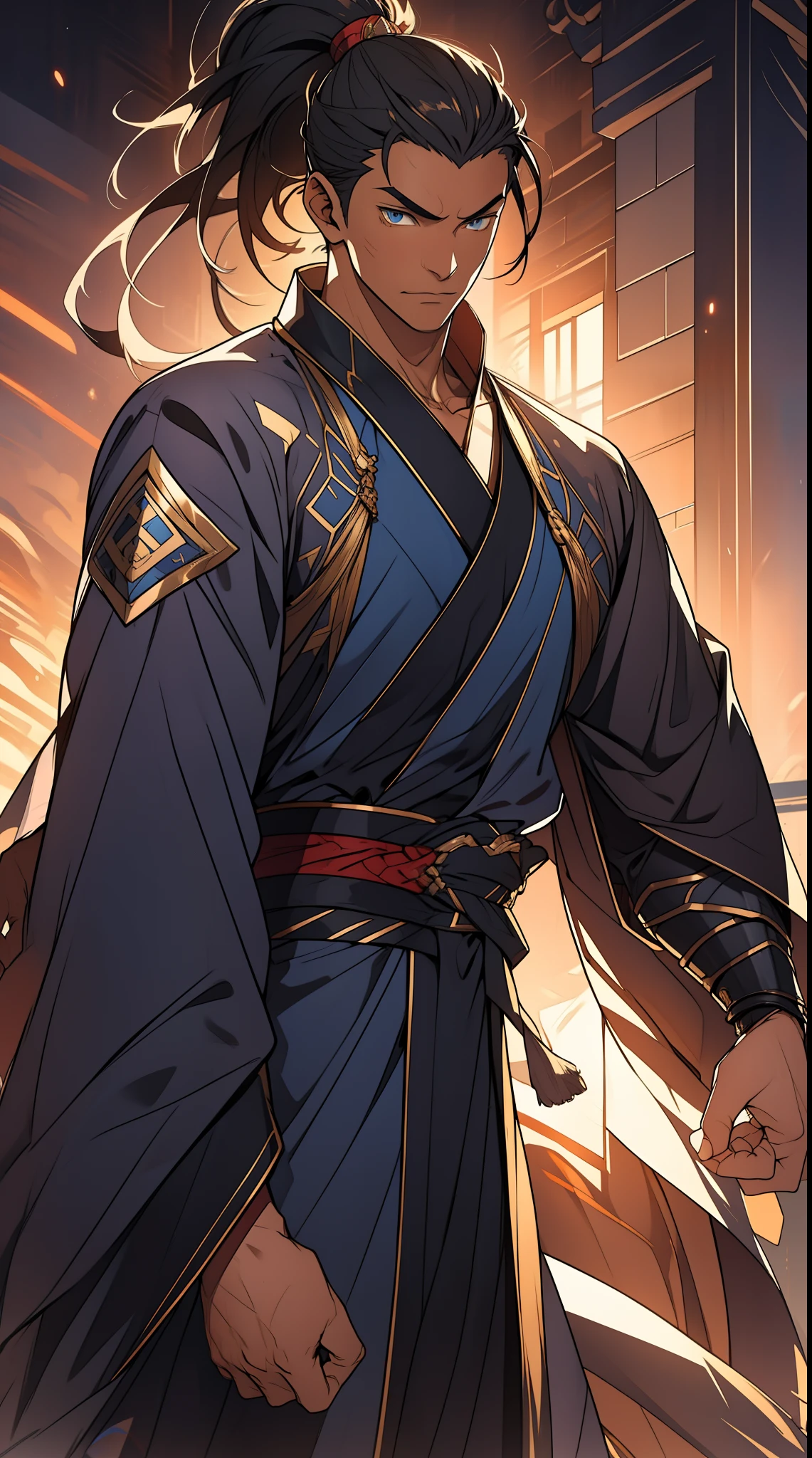 quadratic element,style of anime,mtu(Male Warrior),The proportions are correct,Face details,swordsmen,High ponytail hairstyle,Neck details,There is an Adam's apple,Blue suit,kaftan,long blue robes,clothes details,Handing over,longer sleeves,Game quality,Swordsmanship,Light and shadow tracking,Ray traching,detailed glow,cg render,hair detail,Black long hair,blue colored eyes,Handsome,Handsome,(juvenile sense),Clothing is complicated,Perfectcomposition,Refinement,high qulity,higher details,Lots of details,The background is complex,a sense of atmosphere,