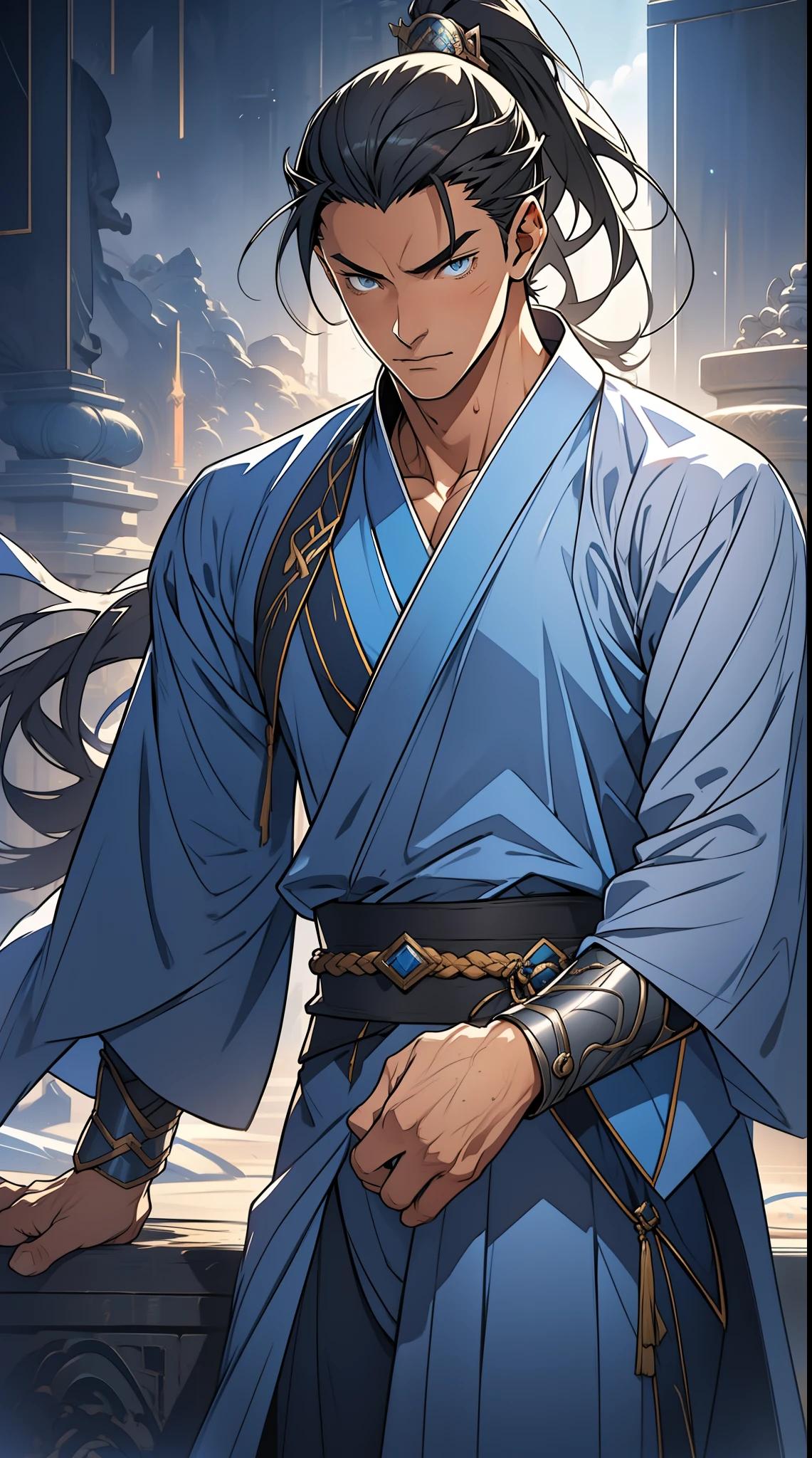 quadratic element,style of anime,mtu(Male Warrior),The proportions are correct,Face details,swordsmen,High ponytail hairstyle,Neck details,There is an Adam's apple,Blue suit,kaftan,long blue robes,clothes details,Handing over,longer sleeves,Game quality,Swordsmanship,Light and shadow tracking,Ray traching,detailed glow,cg render,hair detail,Black long hair,blue colored eyes,Handsome,Handsome,(juvenile sense),Clothing is complicated,Perfectcomposition,Refinement,high qulity,higher details,Lots of details,The background is complex,a sense of atmosphere,