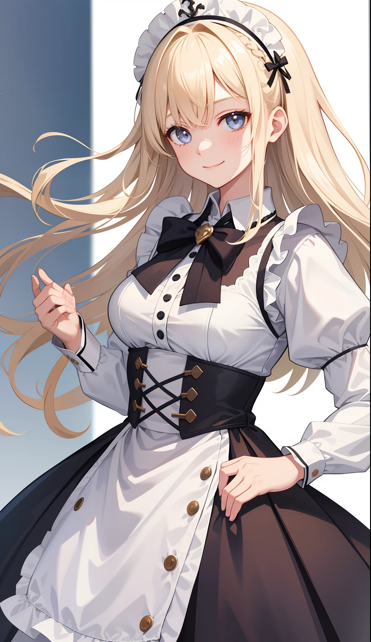 1girl in、AS-Adult、A smile、The shirt、skirt by the、(small tits)、doress、pinafore、Hair decoration、(maid costume)Upper body portrait、White blonde hair、