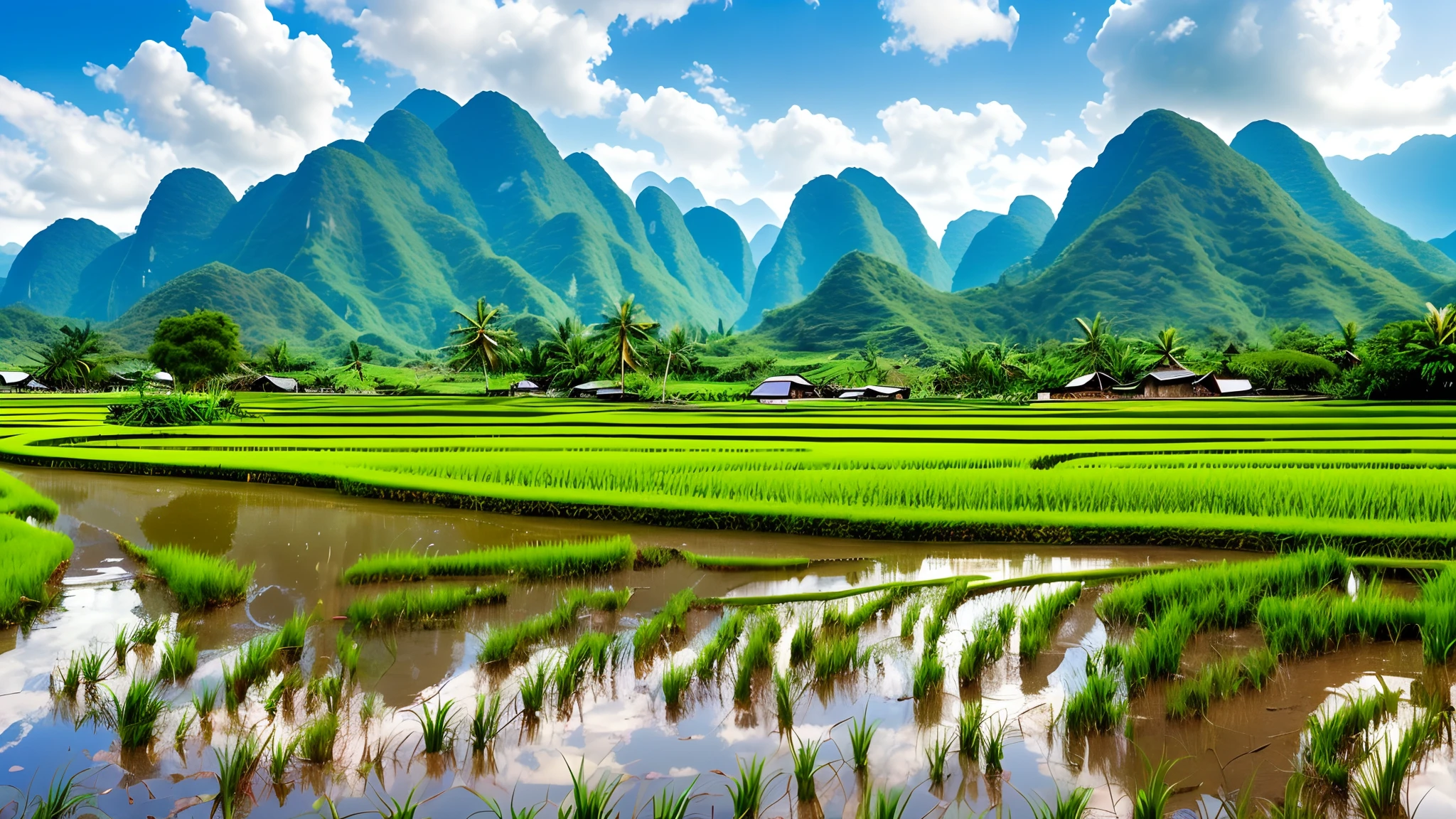 Scenery,ricefield,small stream, Countryside of Vietnam ,Mountains,with blue sky and white clouds,high qulity,4K,k hd --auto --s2