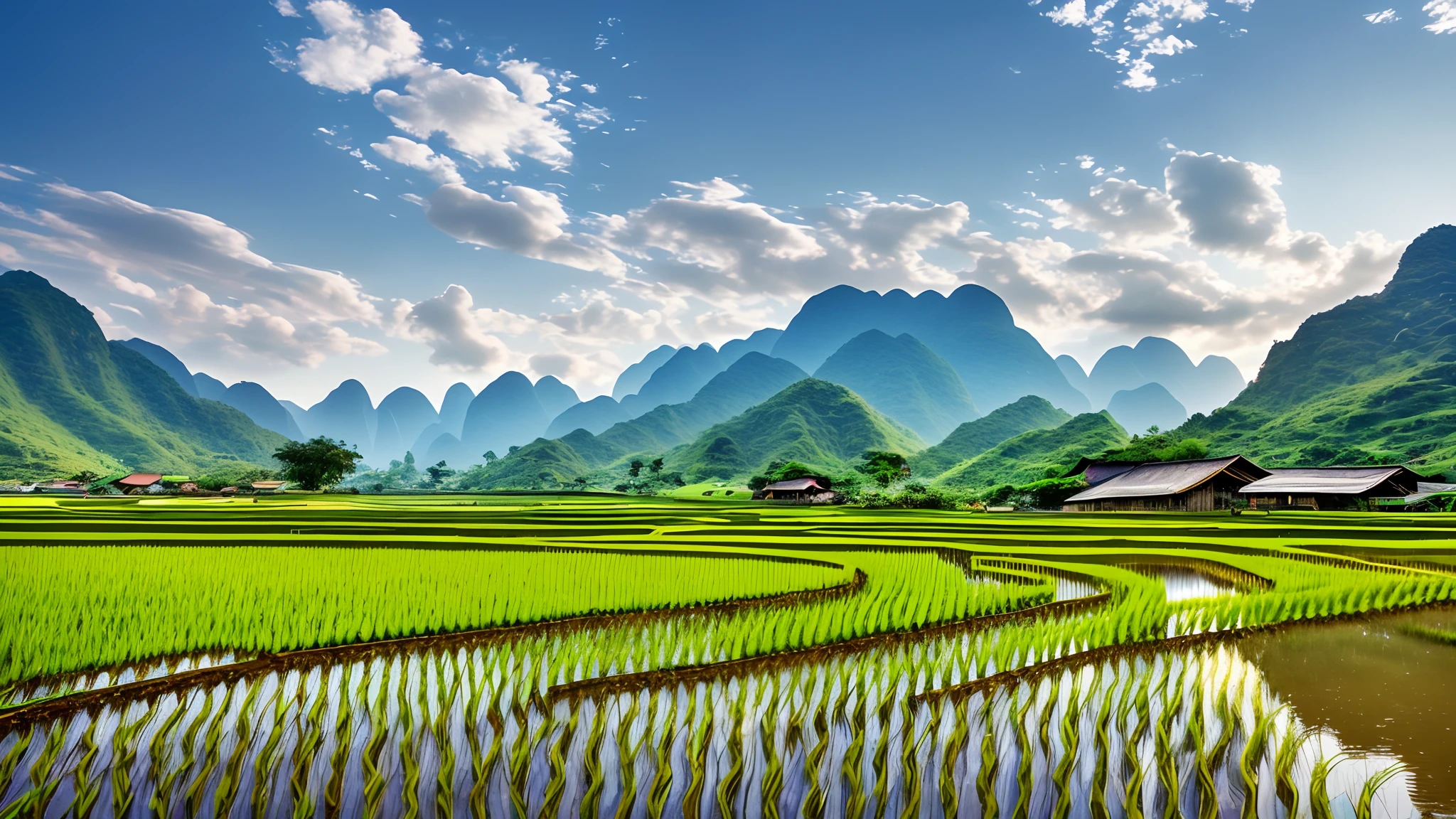 Scenery,ricefield,small stream, Countryside of Vietnam ,Mountains,with blue sky and white clouds,high qulity,4K,k hd --auto --s2