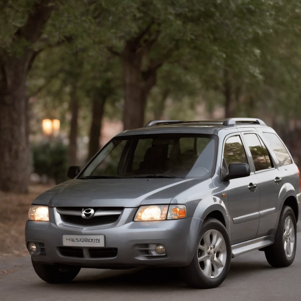 Car model Mazda Tribute 2003, gray in color, Sateen; foto realista; "detailed photo"; quality,4k,8K, High-resolution, Ultra-detailed, Detailed ribbed bumper, Headlights, Twilight, Vivid colors, studio lightning.
