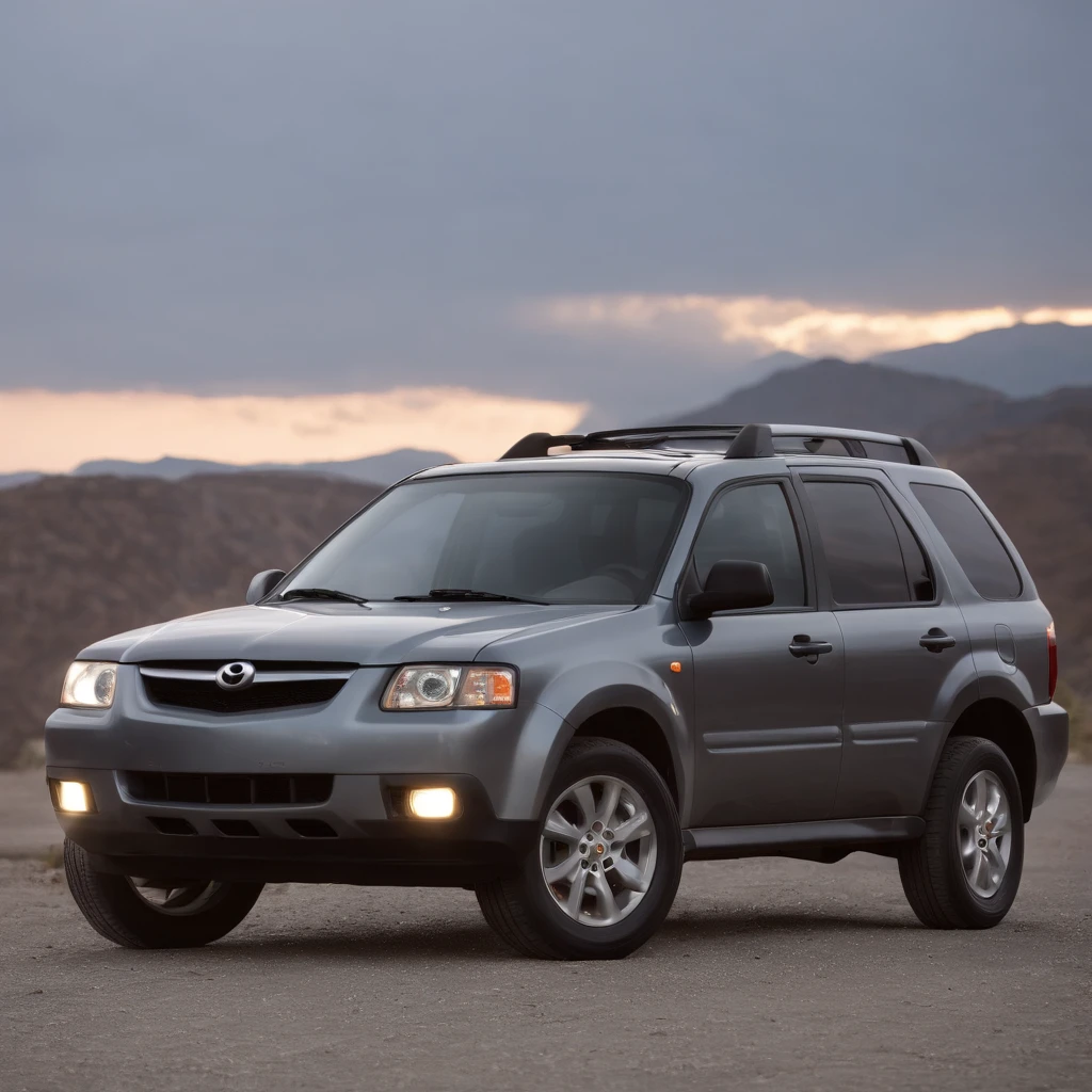 Car model Mazda Tribute 2003, gray in color, Sateen; foto realista; "detailed photo"; quality,4k,8K, High-resolution, Ultra-detailed, Detailed ribbed bumper, Headlights, Twilight, Vivid colors, studio lightning.