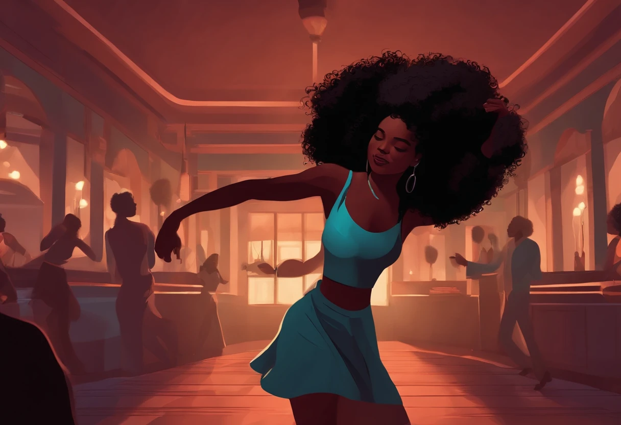 Curly-haired black woman dancing in the dark room, Arte digital estilo Lo-fi