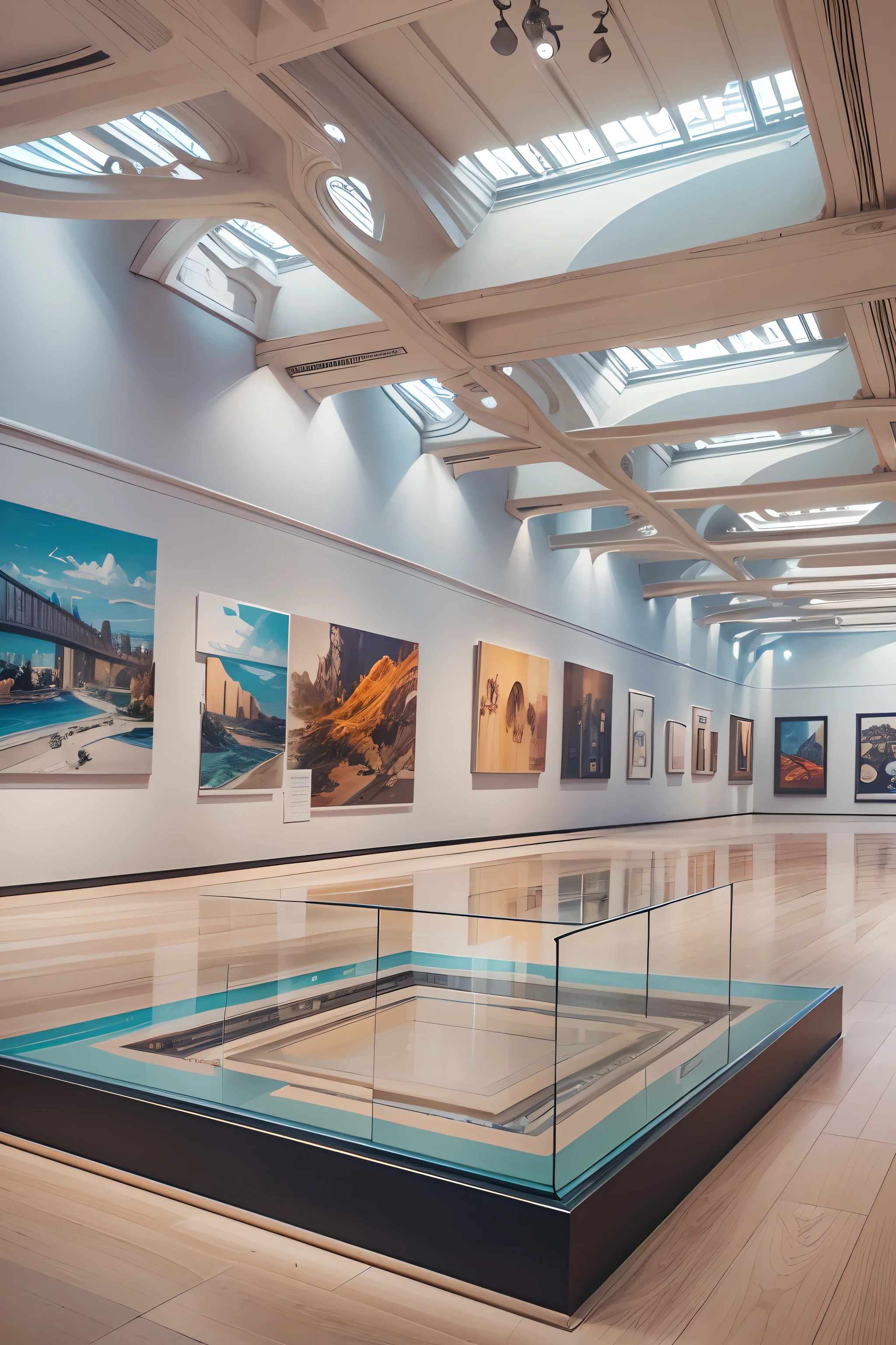 Art exhibitions,There is a wall in the middle of the exhibition hall,The painting on the wall is in the middle, Paintings on the walls, skyscape, Large airy windows, Zaha Hadid and Santiago Calatrava landscape panoramic style, Fish, Clear light, Edge lighting, Perfect image, Building summary style, 16k UE5. superfine, 8K, hdr, Product photography, Depth of field, Nikon D850, Ultra-realistic, no contrast, clean sharp focus, professional, No blurring