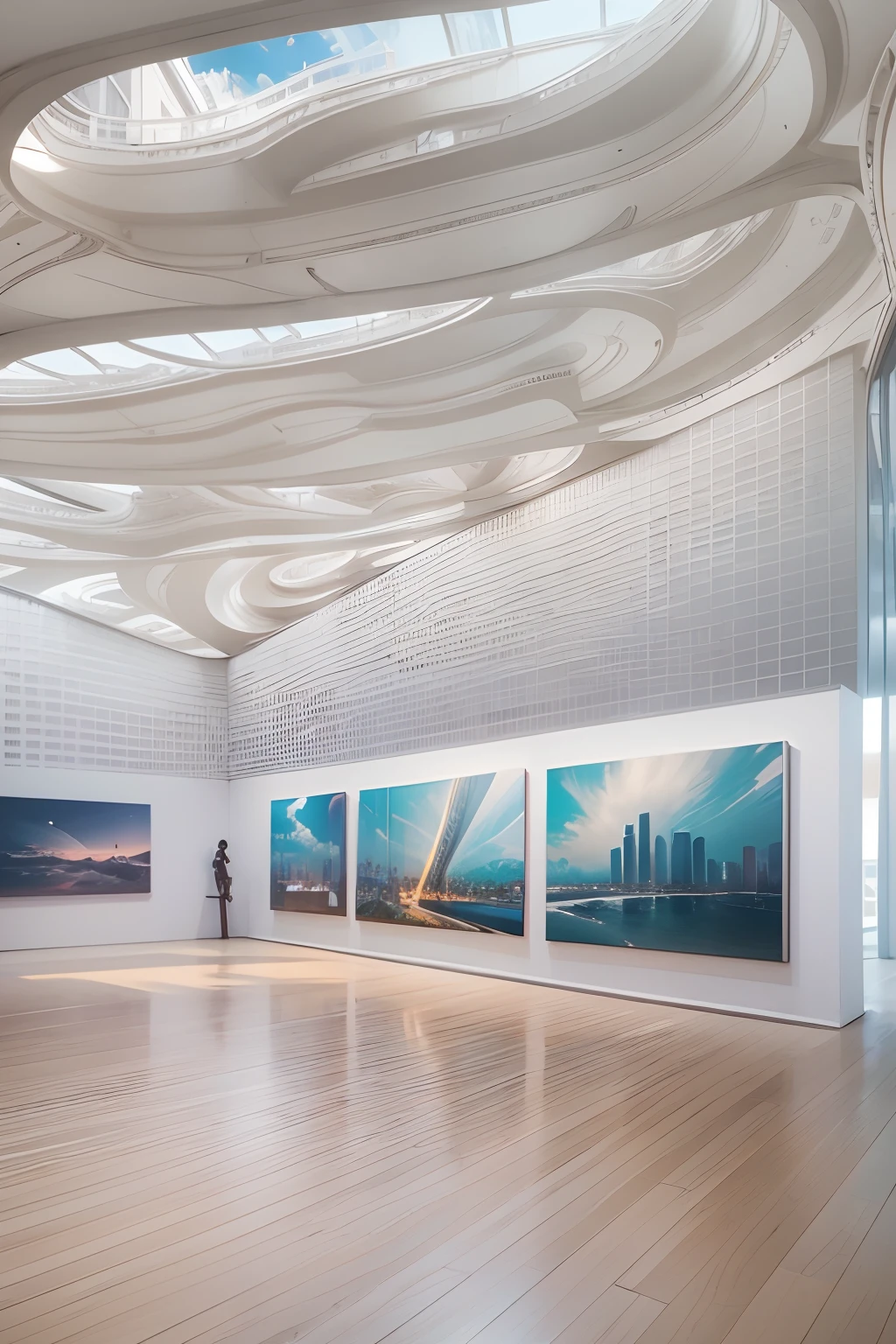Art exhibitions,There is a wall in the middle of the exhibition hall,The painting on the wall is in the middle, Paintings on the walls, skyscape, Large airy windows, Zaha Hadid and Santiago Calatrava landscape panoramic style, Fish, Clear light, Edge lighting, Perfect image, Building summary style, 16k UE5. superfine, 8K, hdr, Product photography, Depth of field, Nikon D850, Ultra-realistic, no contrast, clean sharp focus, professional, No blurring