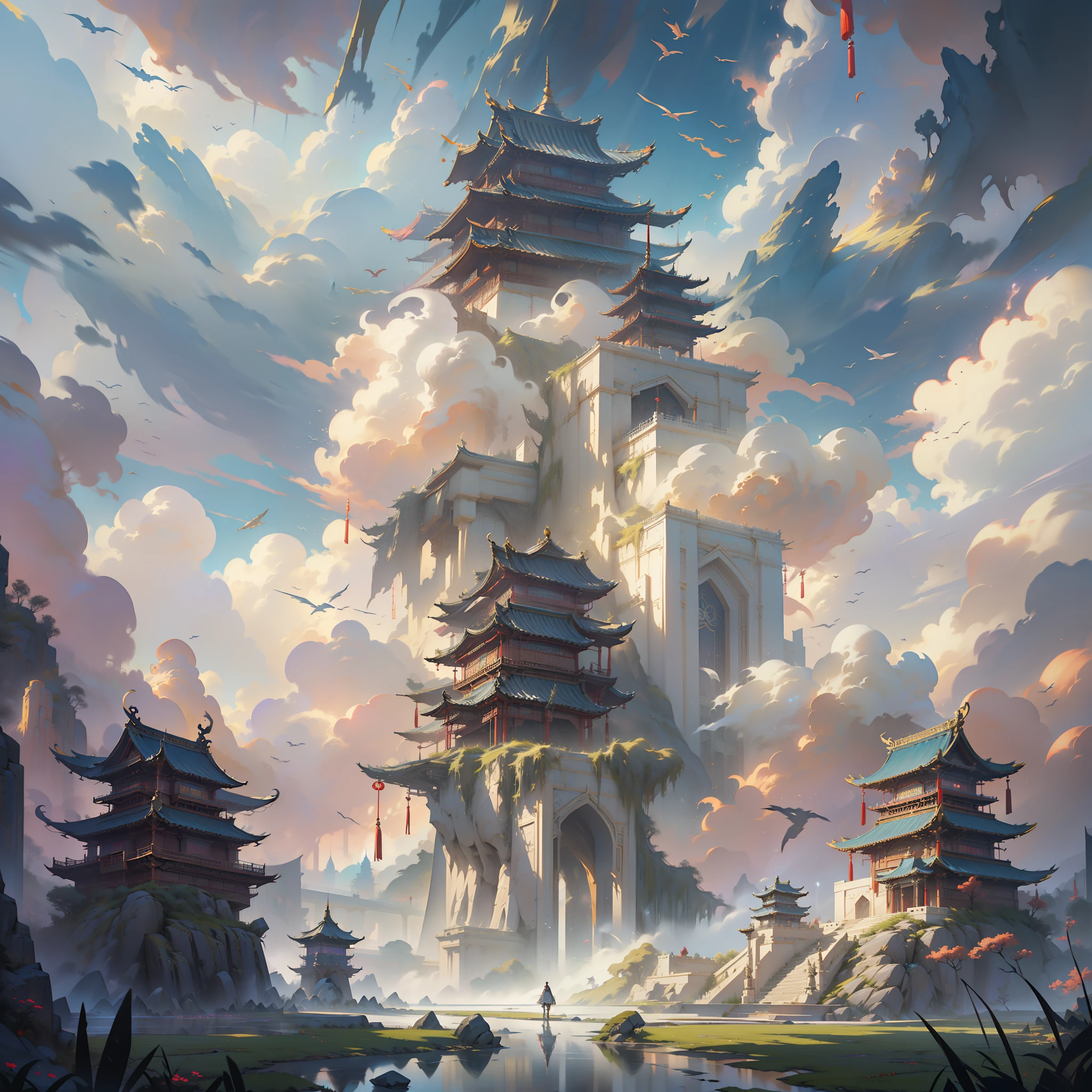 There is a picture of a tall building in the clouds, heaven gate, elaborate matte painting, Cloud Palace, palace floating in heaven,Eight immortals， entrance to ethereal realm, extravagant matte painting, heaven gate，King Teng's Pavilion, exquisite matte painting, chinese surrealism, dramatic entry, Chinese fantasy, Majestic matte painting、The light comes from behind