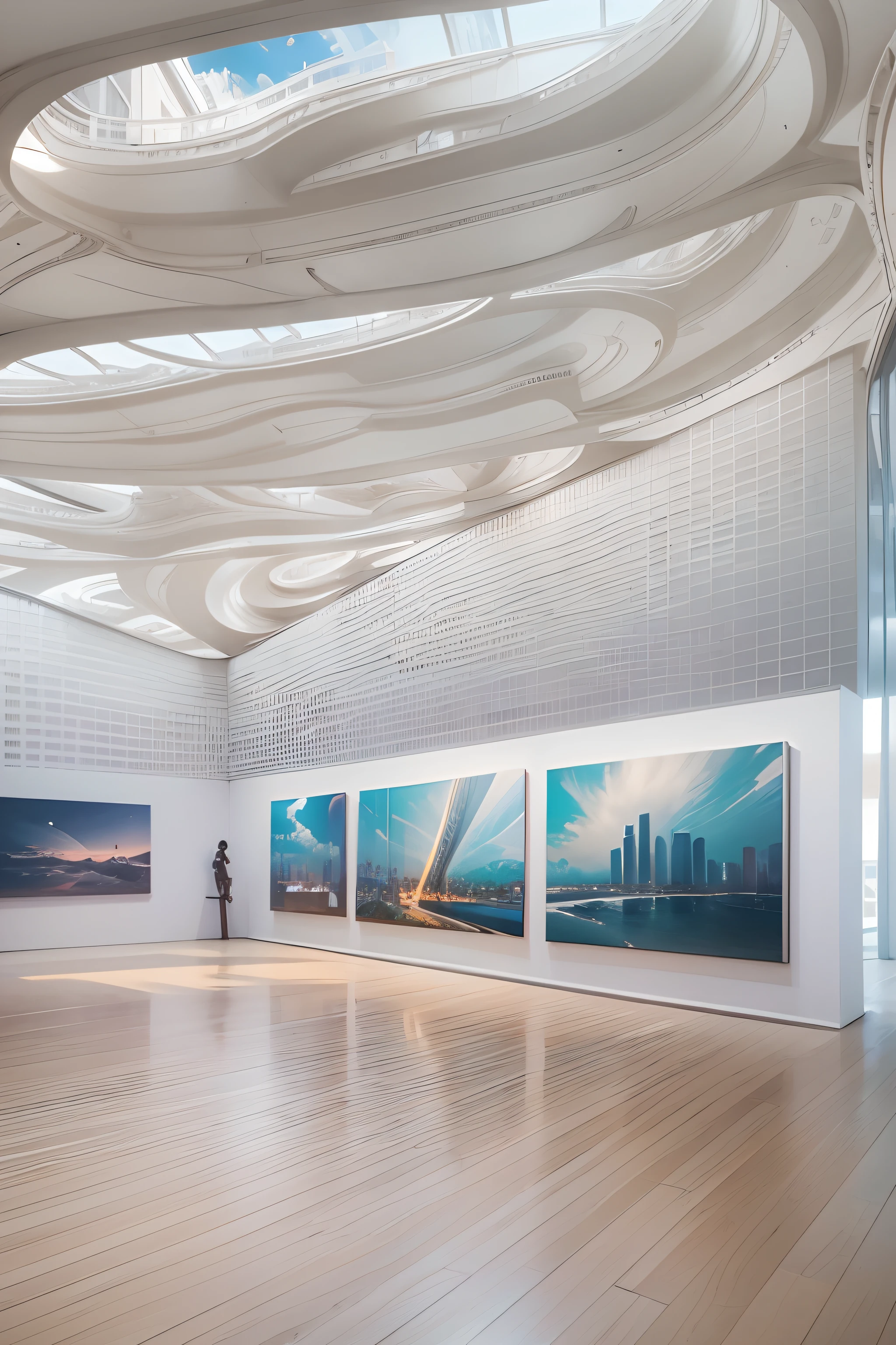 Art exhibitions,There is a wall in the middle of the exhibition hall,The painting on the wall is in the middle, Paintings on the walls, skyscape, Large airy windows, Zaha Hadid and Santiago Calatrava landscape panoramic style, Fish, Clear light, Edge lighting, Perfect image, Building summary style, 16k UE5. superfine, 8K, hdr, Product photography, Depth of field, Nikon D850, Ultra-realistic, no contrast, clean sharp focus, professional, No blurring