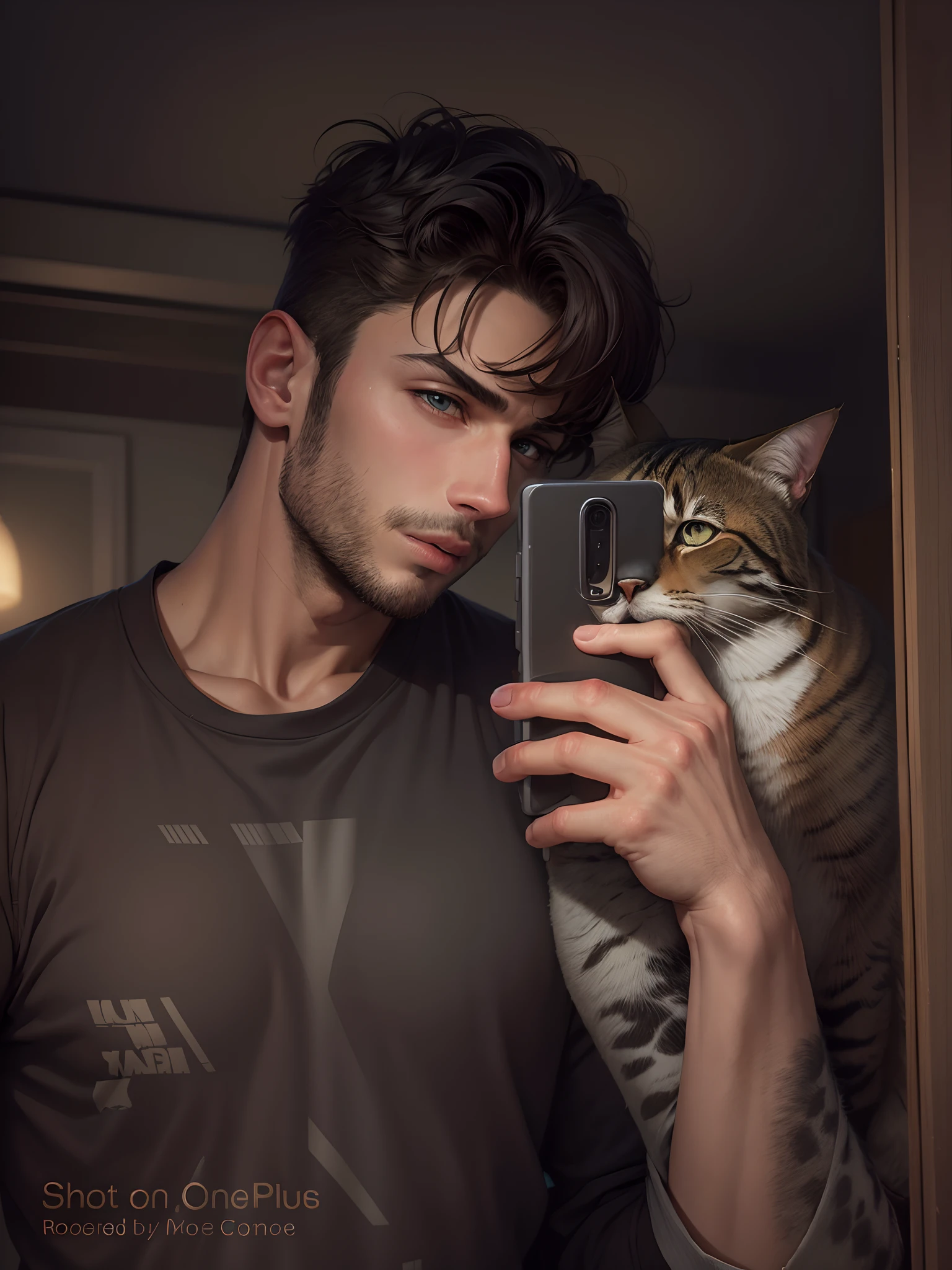 A handsome boy with a cat and anime on upper, realistic face, 4k quality, change background