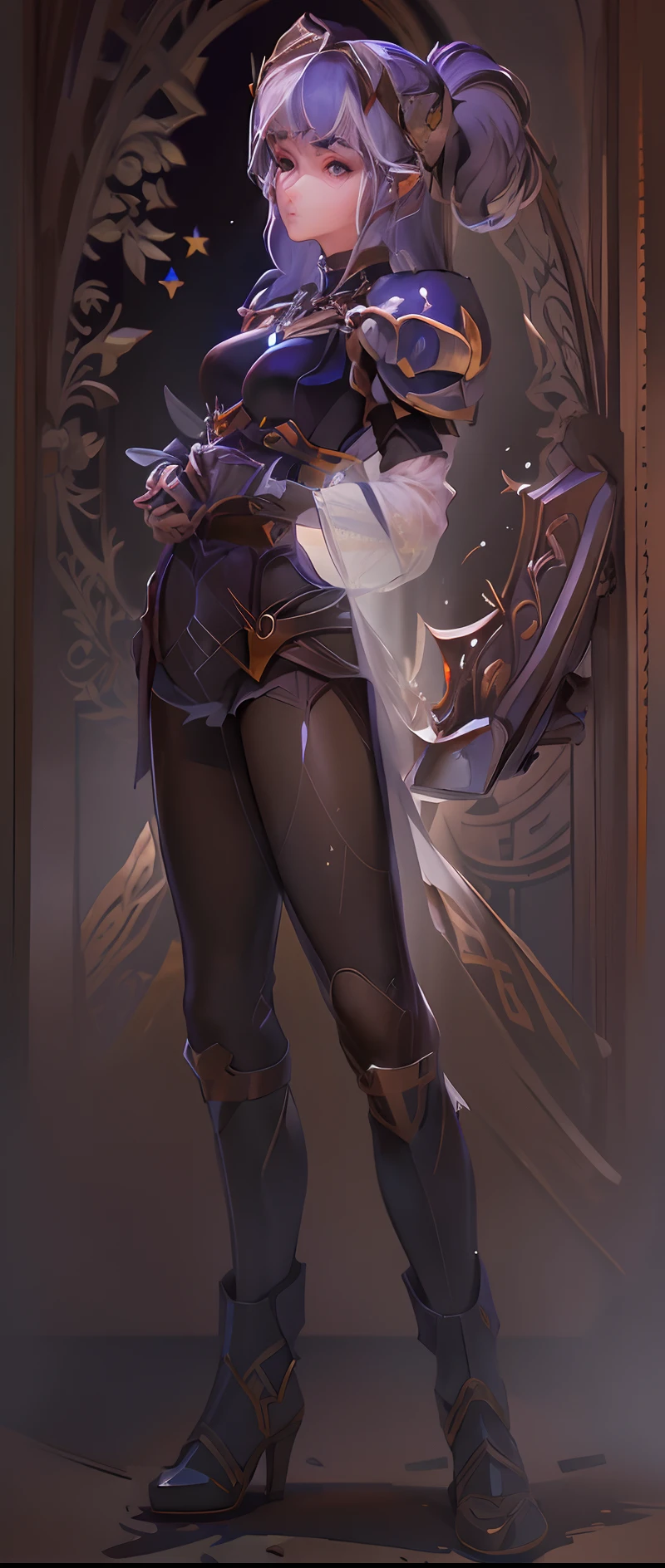 ((Masterpiece, Highest quality)), Detailed face, CharacterDesignSheet, full bodyesbian, Full of details, Multiple poses and expressions, Highly detailed, Depth, Many parts,Beautiful paladin girl,Holding a shield,Extremely beautiful,High Balance, Natural light, Lace,lacepantyhose,black in color,starrysky,Star decoration