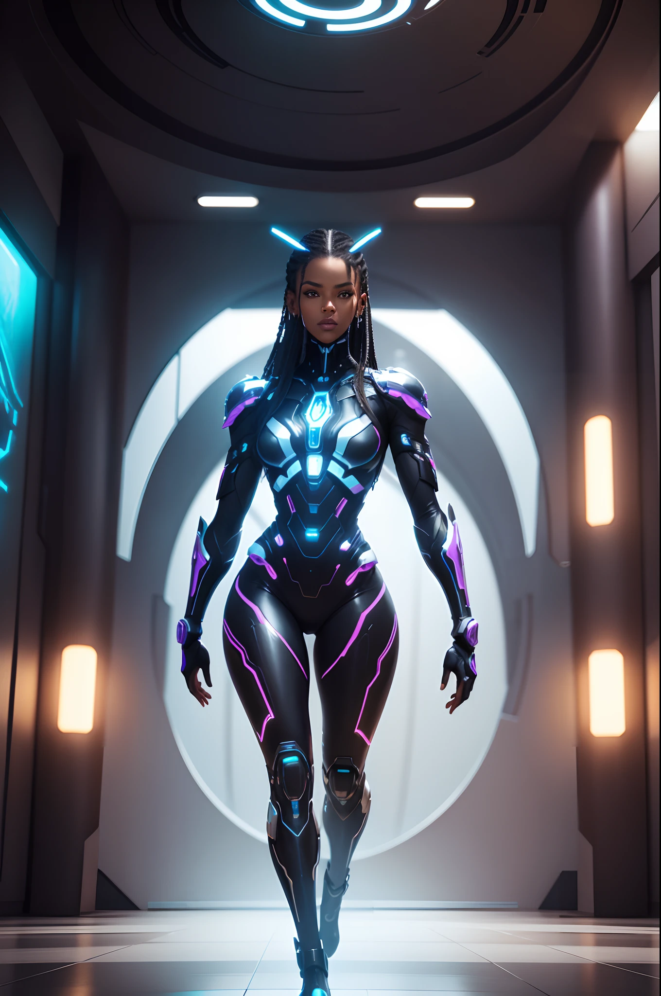 Full body shot of a black woman cyborg in a futuristic room full of futuristic African designed sculptures, floating futuristic lamps shining, with iridescent light, 32k, ultra HD, unreal engine rendered, cinematic lighting, artgerm style, bright and vibrant colours, photorealistic image,