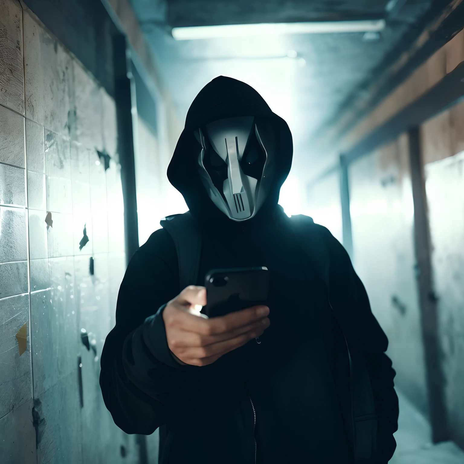arafed man in a black hoodie and hoodie holding a cell phone, masked person in corner, in an alleyway during the purge, scary look, white man with black fabric mask, hacker, sinister looking, ghost mask, shadowy informant, cyberpunk hacker, evil looking, scary, scary photo, menacing look, wearing a dark hood, eerie person