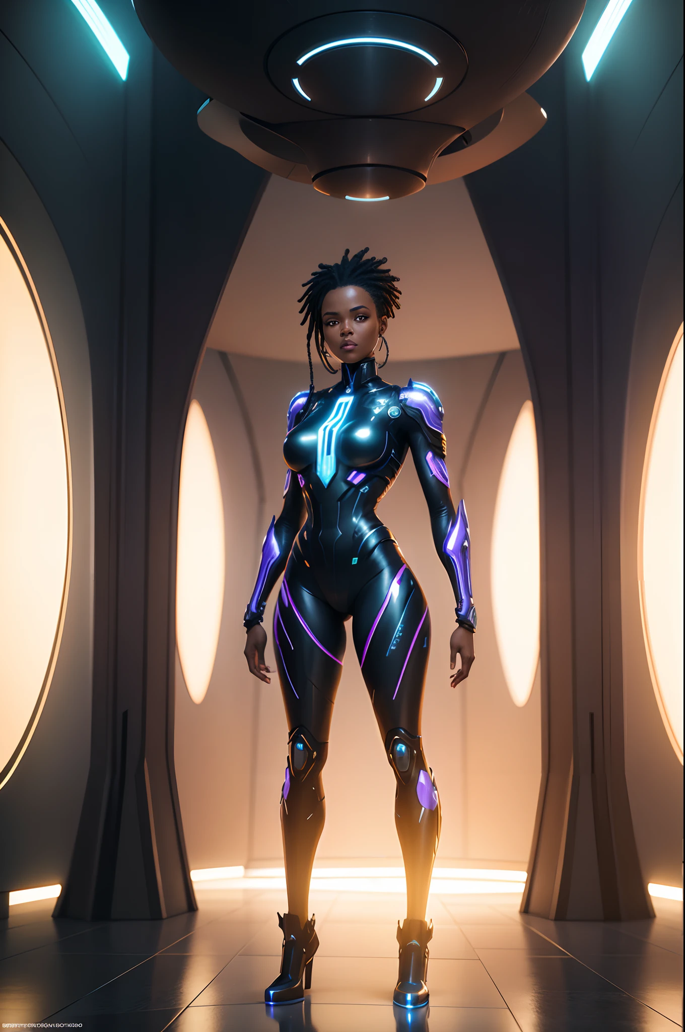 Full body shot of a black woman cyborg in a futuristic room full of futuristic African designed sculptures, floating futuristic lamps shining, with iridescent light, 32k, ultra HD, unreal engine rendered, cinematic lighting, artgerm style, bright and vibrant colours, photorealistic image,