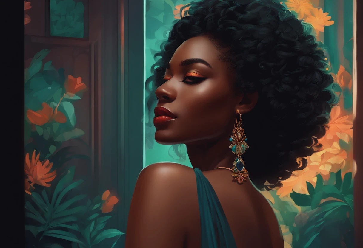 Mulher negra de cabelos cacheados dentro de quarto escuro, Arte digital estilo Lo-fi