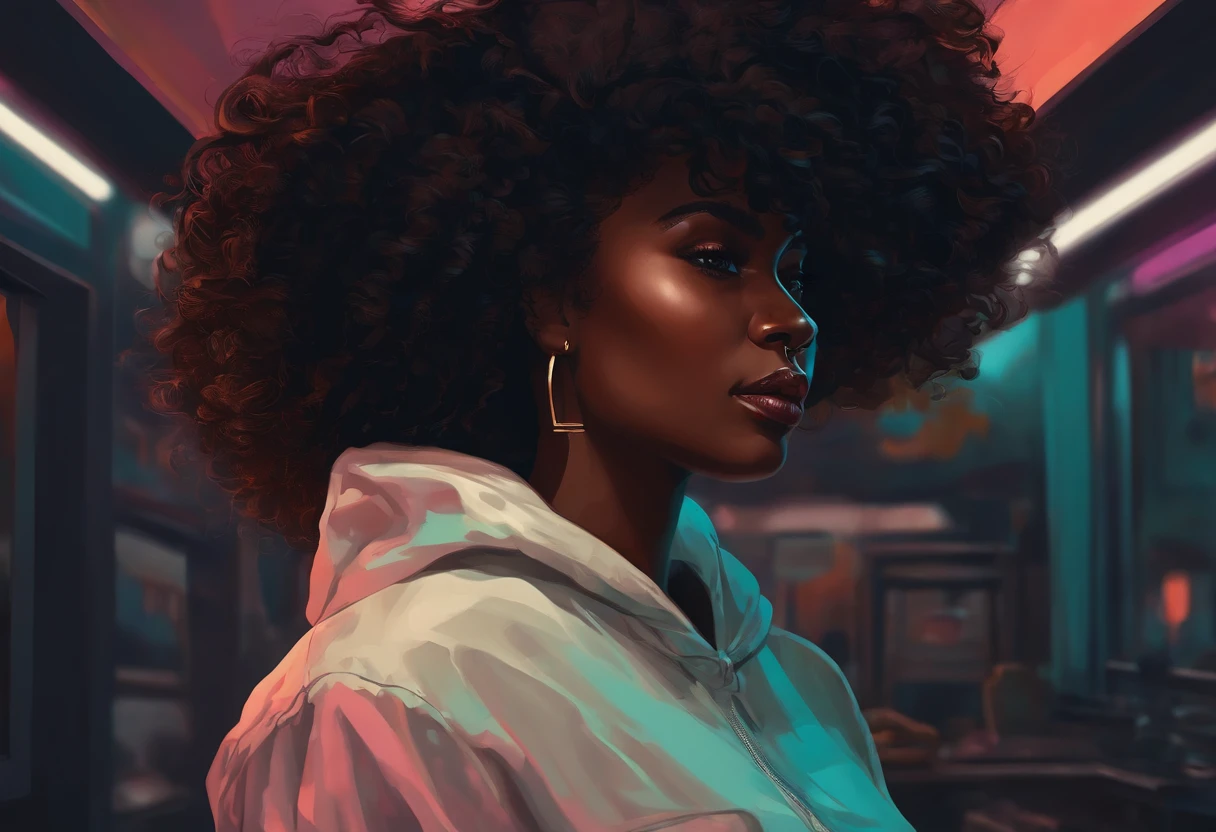 Mulher negra de cabelos cacheados dentro de quarto escuro, Arte digital estilo Lo-fi