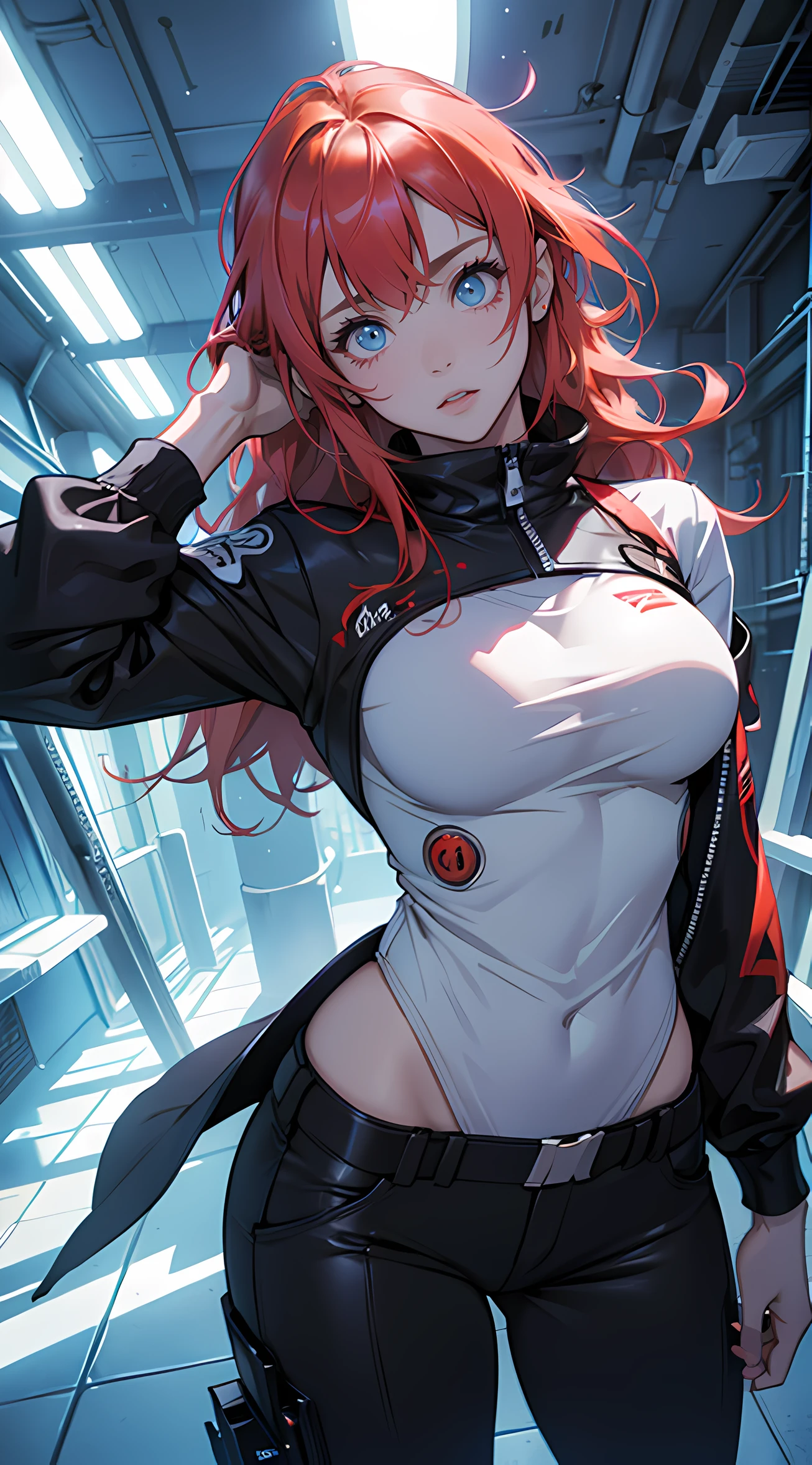 Anime characters posing in bikinis, Posing for a photo, oppai, nagatoro, ?????, biomechanical oppai, hanayamata, oppai proportions, ????? anime style, Ayaka Genshin Impact, shikamimi, Konosuba, Seductive Anime Girl, glossy wet skin!!, Chic, ????? style, ((Best Quality)), ((masutepiece)), (detail: 1.4), 。.。. 3D, Beautiful cyberpunk images, nffsw (High dynamic range), Ray tracing, NVIDIA RTX, Super Resolution, Unreal 5, Subsurface scattering, PBR Texture, Post-processing, Anisotropy Filtering, depth of fields, Maximum sharpness and sharpness, multi-layer texture, Albedo and Highlight Mapping, Surface Coloring, Mitsu-Accurate simulation of material interactions, Perfect proportions, Octane Rendering, Wear a mix of online swordsmanship and futuristic clothing, Two-color light, Large aperture, Low ISO, White Balance, Normal 3 points, 8K Raw, Beautiful bright pupils, Fine pupils, Artistic sense, Casual wear, high-end sense, beautiful mature lady, Red hair, Long hair, Wavy Hair, Blue-eyed eyes, age 40
