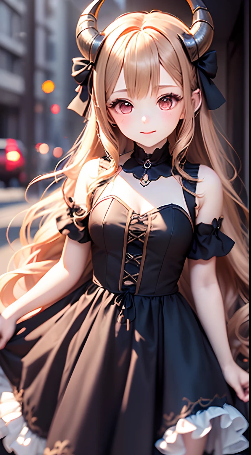 Anime girl with horns and a dress with a skull, ((Light brown hair))( in dress, gothic maiden anime girl, cute anime waifu in a nice dress, anime moe art style, Anime girl wearing black dress, nightcore, (Anime girl), style of anime4 K, small curvaceous loligh quality anime art style, Anime girls, demon anime girl