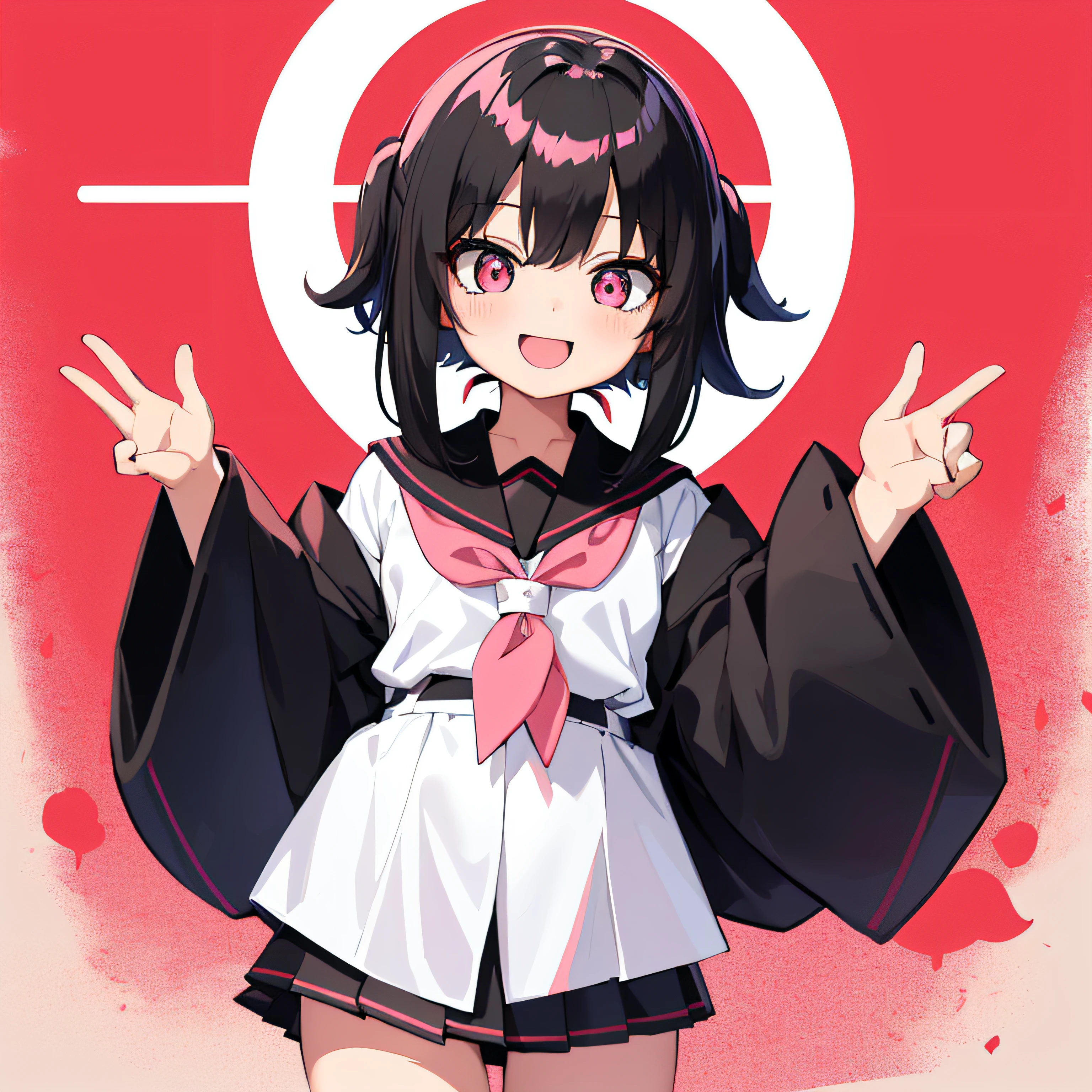 top-quality, masterpiece, Portrait of a cute girl, ((独奏)), 1girl, (Black medium hair), Cyan hair, Pink eyes, cute little, white backgrounid, ((happiness)), Chibi,japanese hight school uniform,a sailor suit