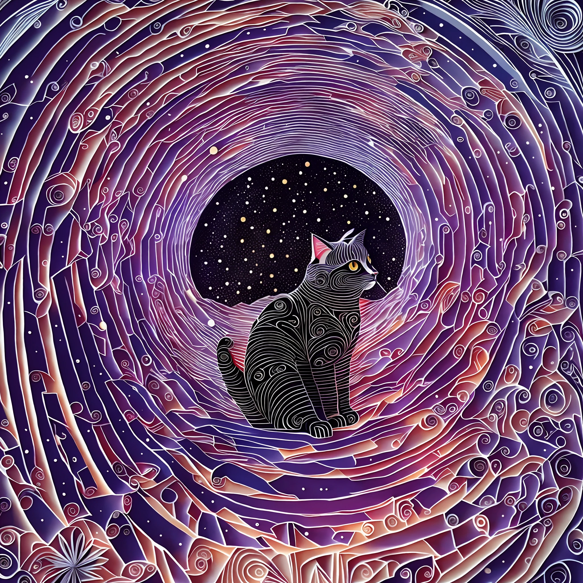 Use paper cuts to make cosmic scenes, A cat in a spacesuit is walking through a space-time tunnel，A black hole near the end，Best quality ,tmasterpiece,Extremely Delicately Beautiful, Extremely detailed ,8K wallpaper, finedetail, Best quality,absurderes, unbelievable Ridiculous, hugefilesize, Ultra-detailed, A high resolution, Extremely detailed，Central symmetry，paper-cut