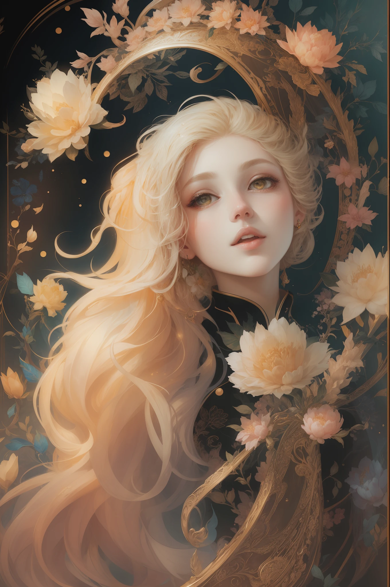 （（Gorgeous 18-year-old princess）），（She has long flowing blonde hair），（Bright and beautiful eyes），trendding on artstation，Flowers of Hope by Jean-Honor Fragonard，Peter Mohrbacher，ultra-detailliert，insanely details, Amazing, complex, elite, Art Nouveau, a gorgeous, Liquid wax, elegant, Luxurious, Ink style, a sticker, Vector art beautiful character design, Dual exposure shooting, Luminous design, winning artwork, tmasterpiece, AMOLED black background,optic