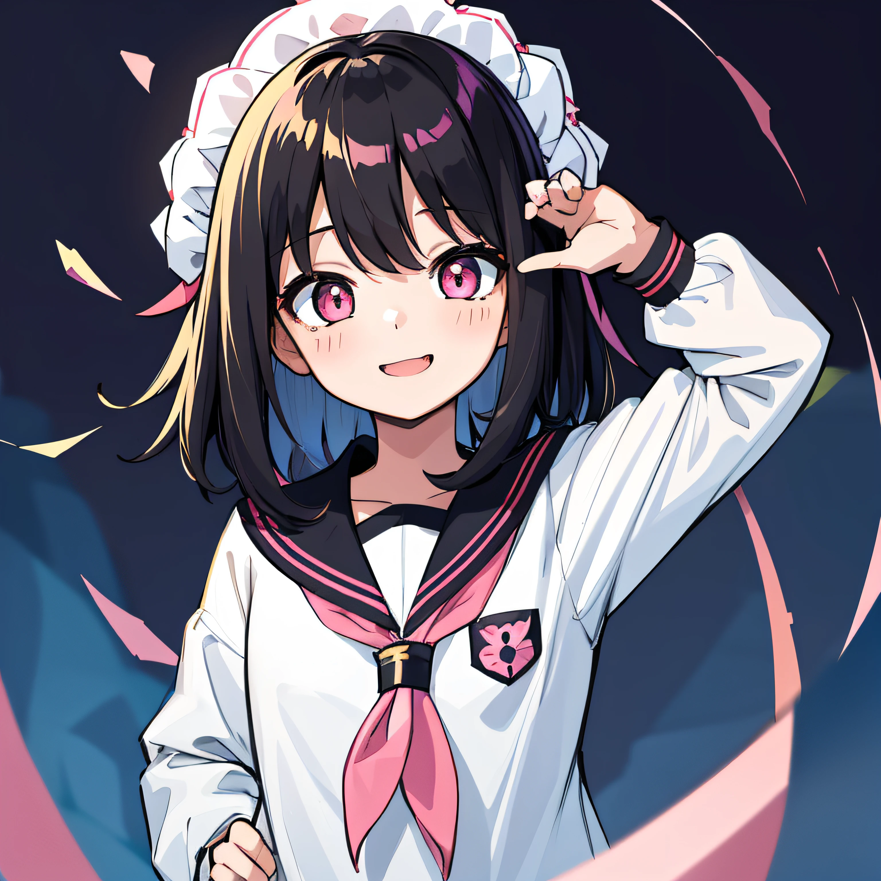 top-quality, ​masterpiece, Portrait of a cute girl, ((独奏)), 1girl, (Black medium hair), Cyan hair, Pink eyes, cute little, white backgrounid, ((happiness)), Chibi,japanese hight school uniform,a sailor suit