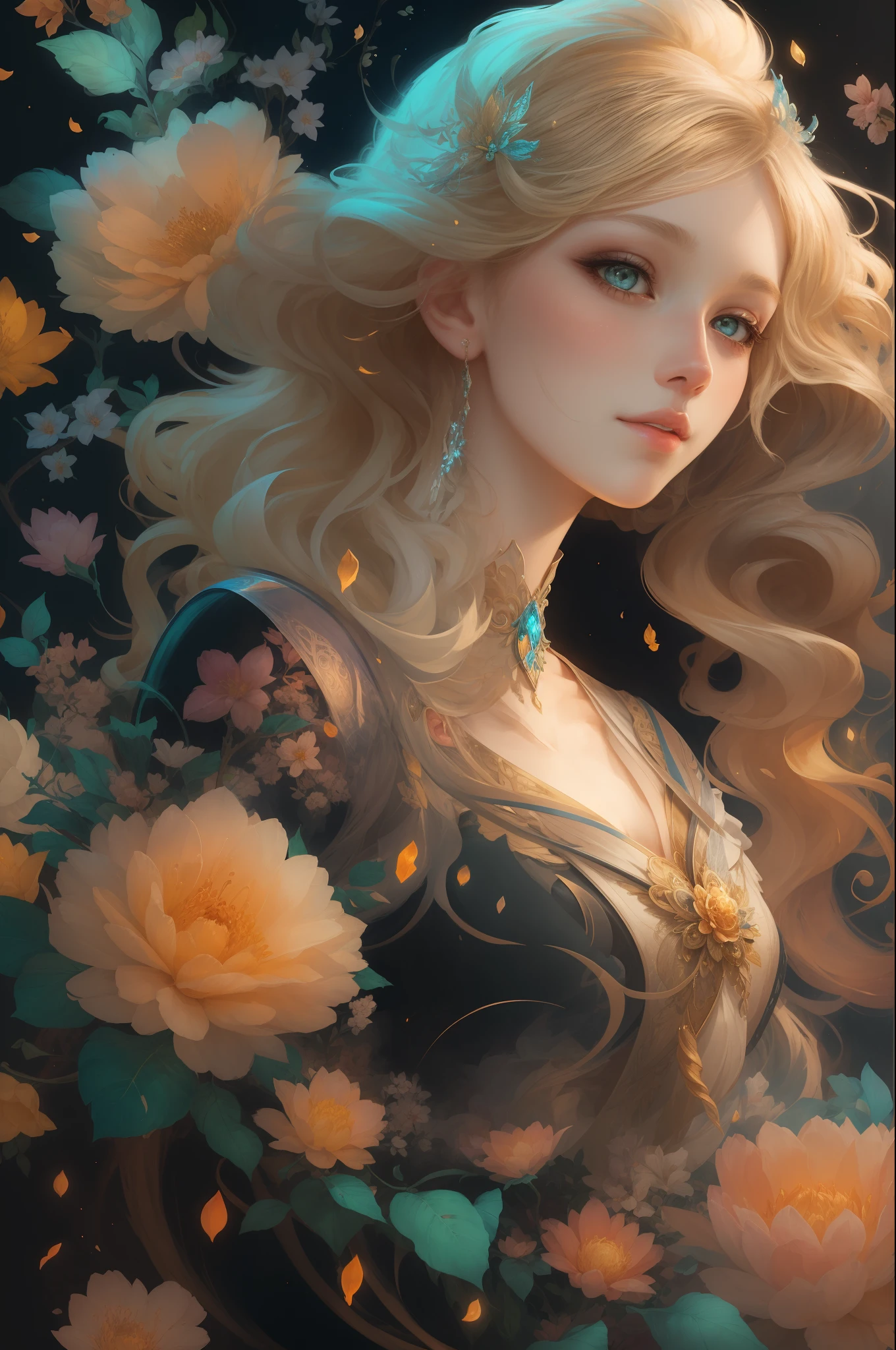 （（Gorgeous 18-year-old princess）），（She has long flowing blonde hair），（Bright and beautiful eyes），trendding on artstation，Flowers of Hope by Jean-Honor Fragonard，Peter Mohrbacher，ultra-detailliert，insanely details, Amazing, complex, elite, Art Nouveau, a gorgeous, Liquid wax, elegant, Luxurious, Ink style, a sticker, Vector art beautiful character design, Dual exposure shooting, Luminous design, winning artwork, tmasterpiece, AMOLED black background,optic