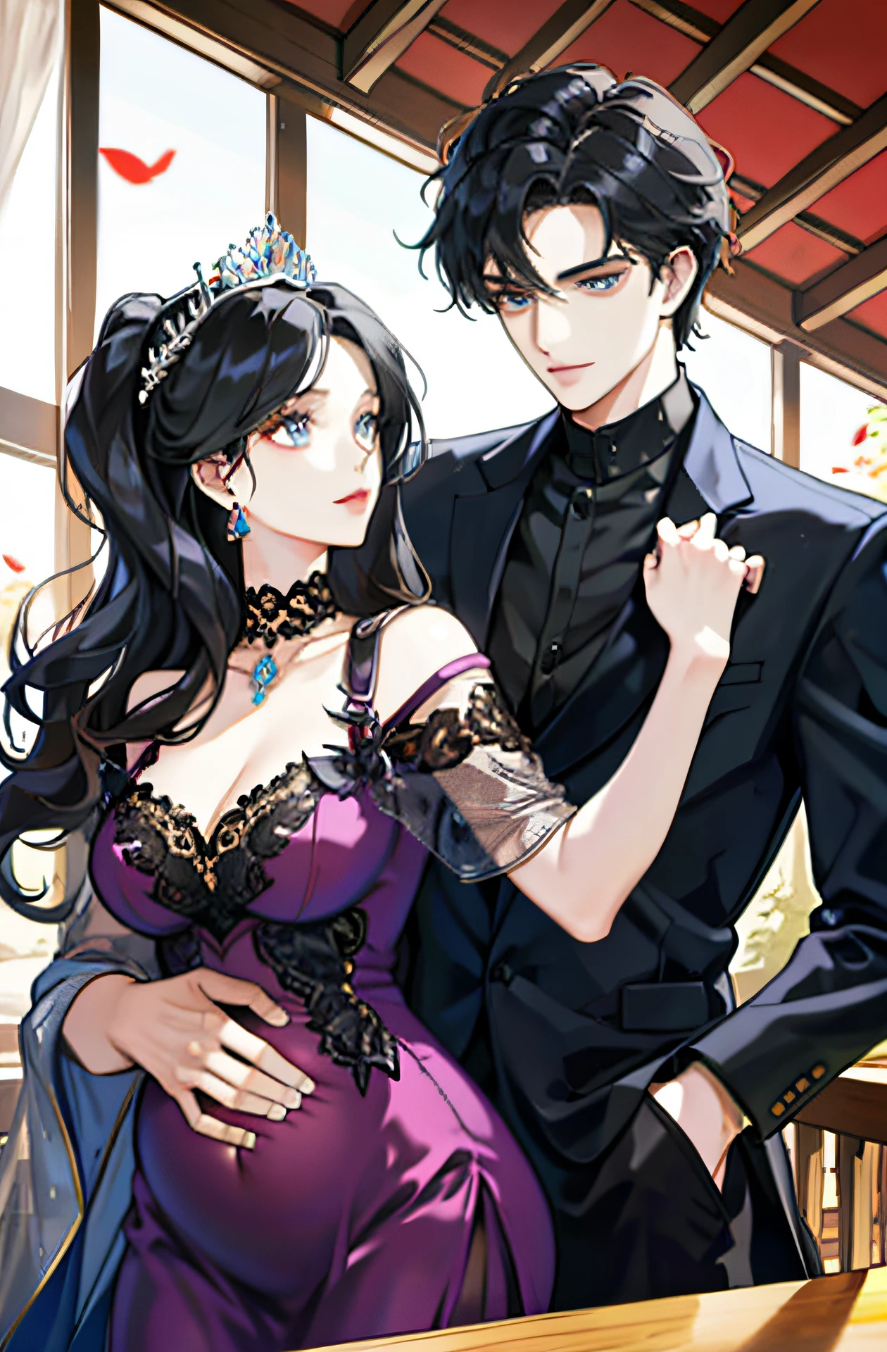 family, royal, elegant, good looking, kids, detailed, 4k, mom and dad, detailed eyes, pretty hair, handsome man, gorgeous woman, fine mom, hot dad, hot parents, mom with black hair, mom pregnant, man looking at woman with love, man hugging woman