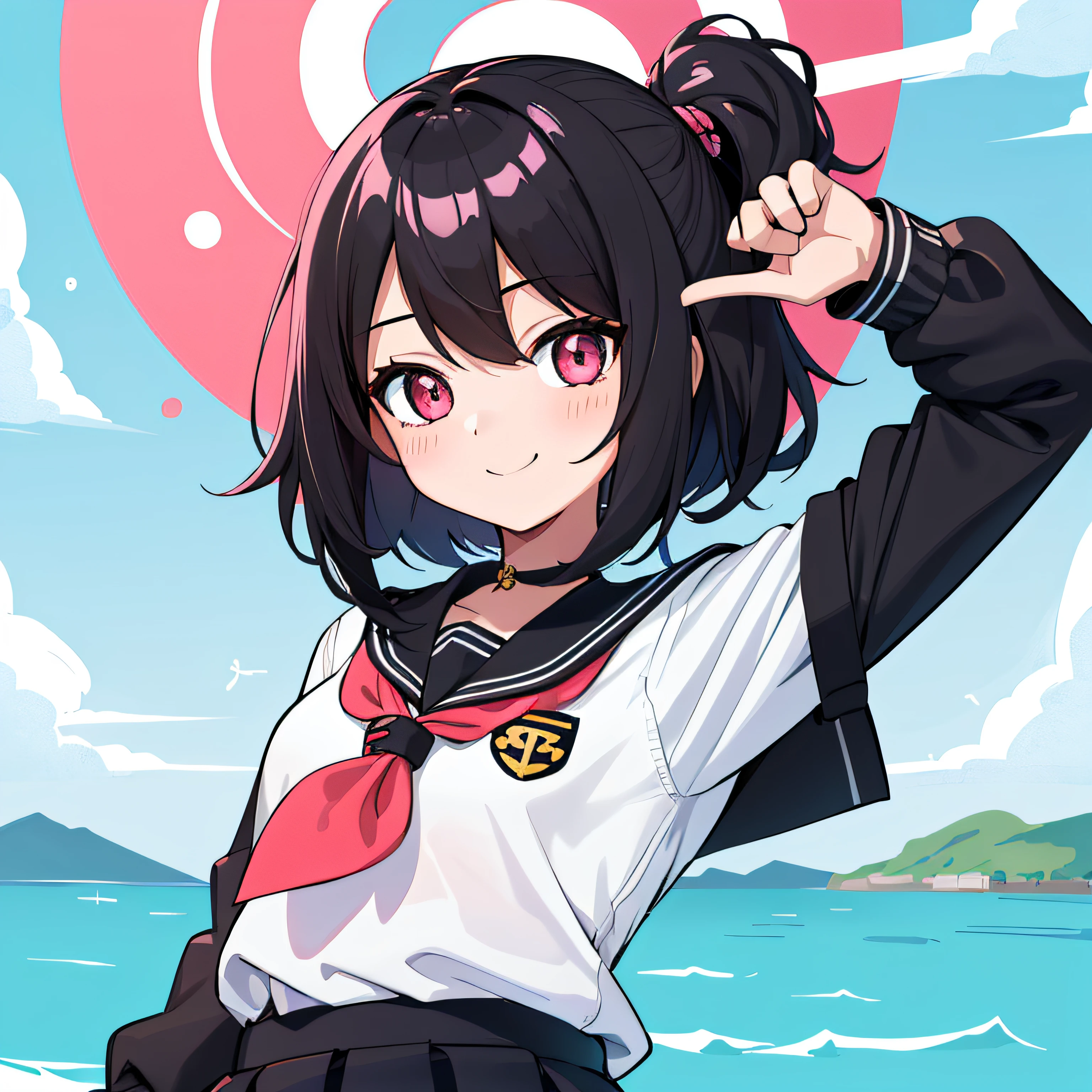 top-quality, ​masterpiece, portrait of cute girl, ((独奏)), 1girl in, (Black medium hair), Cyan hair, Pink eyes, cute little, white backgrounid, ((Happiness)), Chibi,hi-school girl、high-school uniform、,a sailor suit