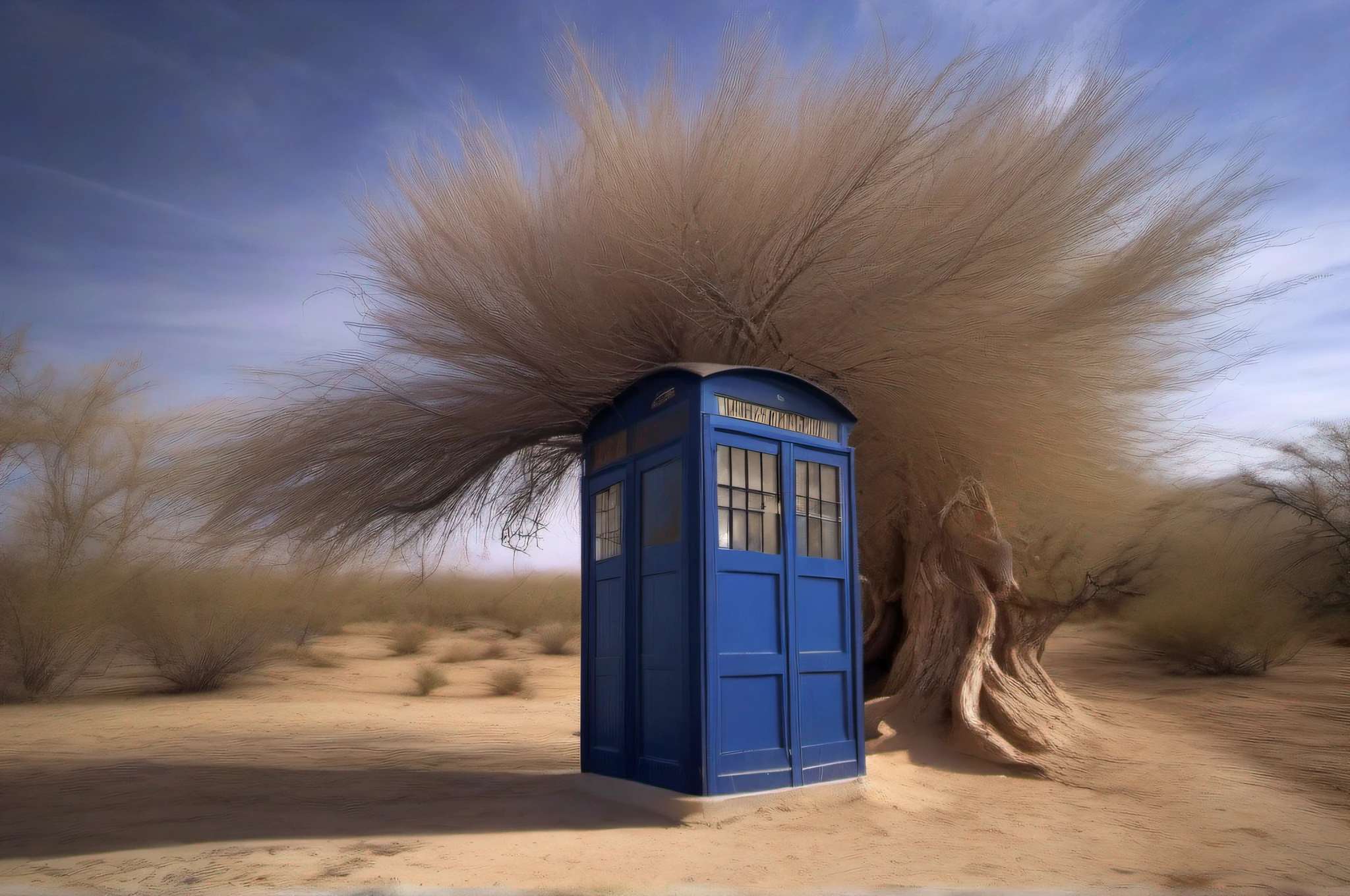 DEsert in wide angle. DArk Blue colored Telephone Booth in foreground on the left side placed on rule of two third. a tree without leaves in the back ground. Patches stringy grass . Taken with Black Magic pro camera. Ultra realistic photography. Ultra UD 32k. --AR 16:9, -- chaos 1, --v 5., --s 1000, -q1, -- iw2, style raw, -- seed 7