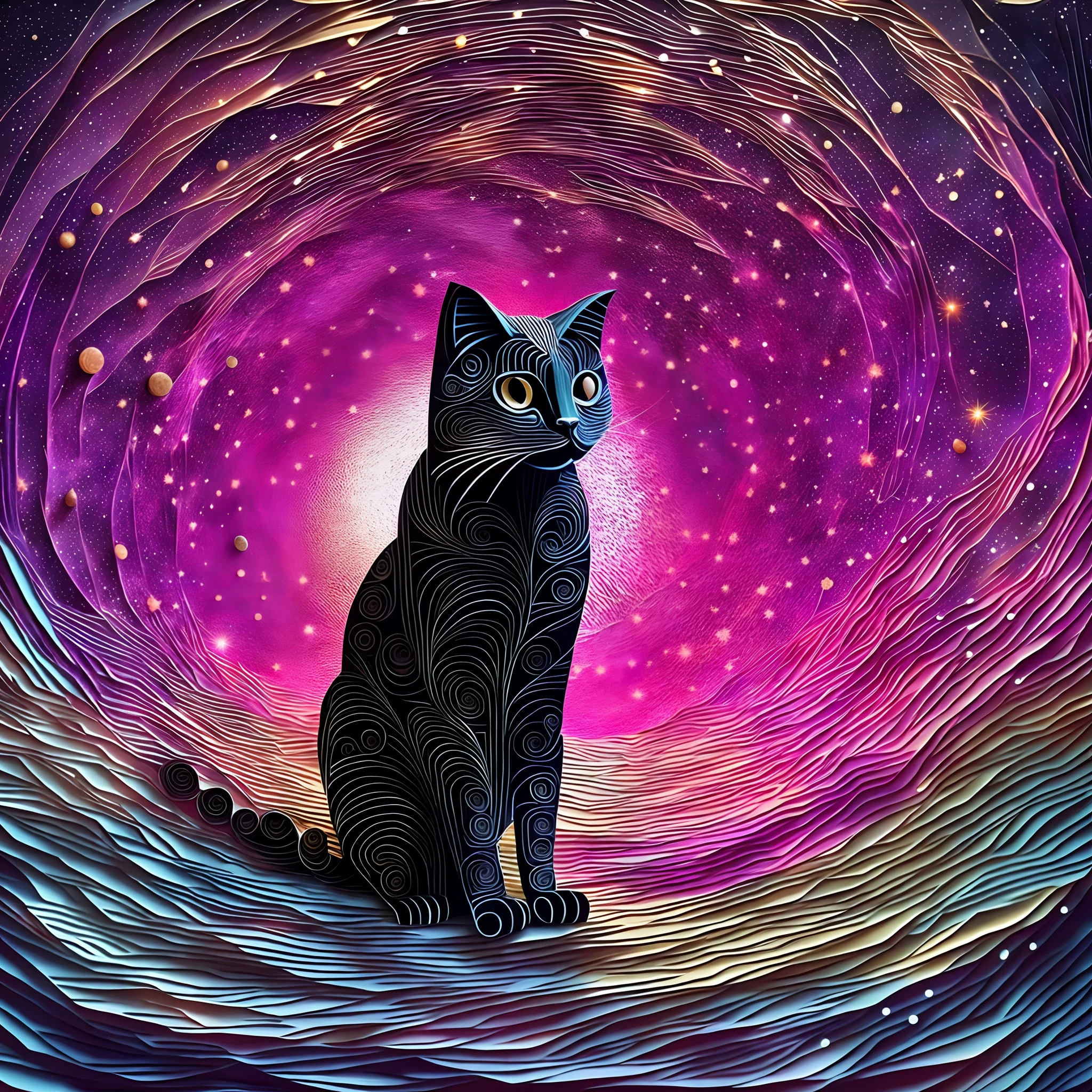 Use paper cuts to make cosmic scenes, A cat in a spacesuit is walking through a space-time tunnel，A black hole near the end，Best quality ,tmasterpiece,Extremely Delicately Beautiful, Extremely detailed ,8K wallpaper, finedetail, Best quality,absurderes, unbelievable Ridiculous, hugefilesize, Ultra-detailed, A high resolution, Extremely detailed，Central symmetry，paper-cut