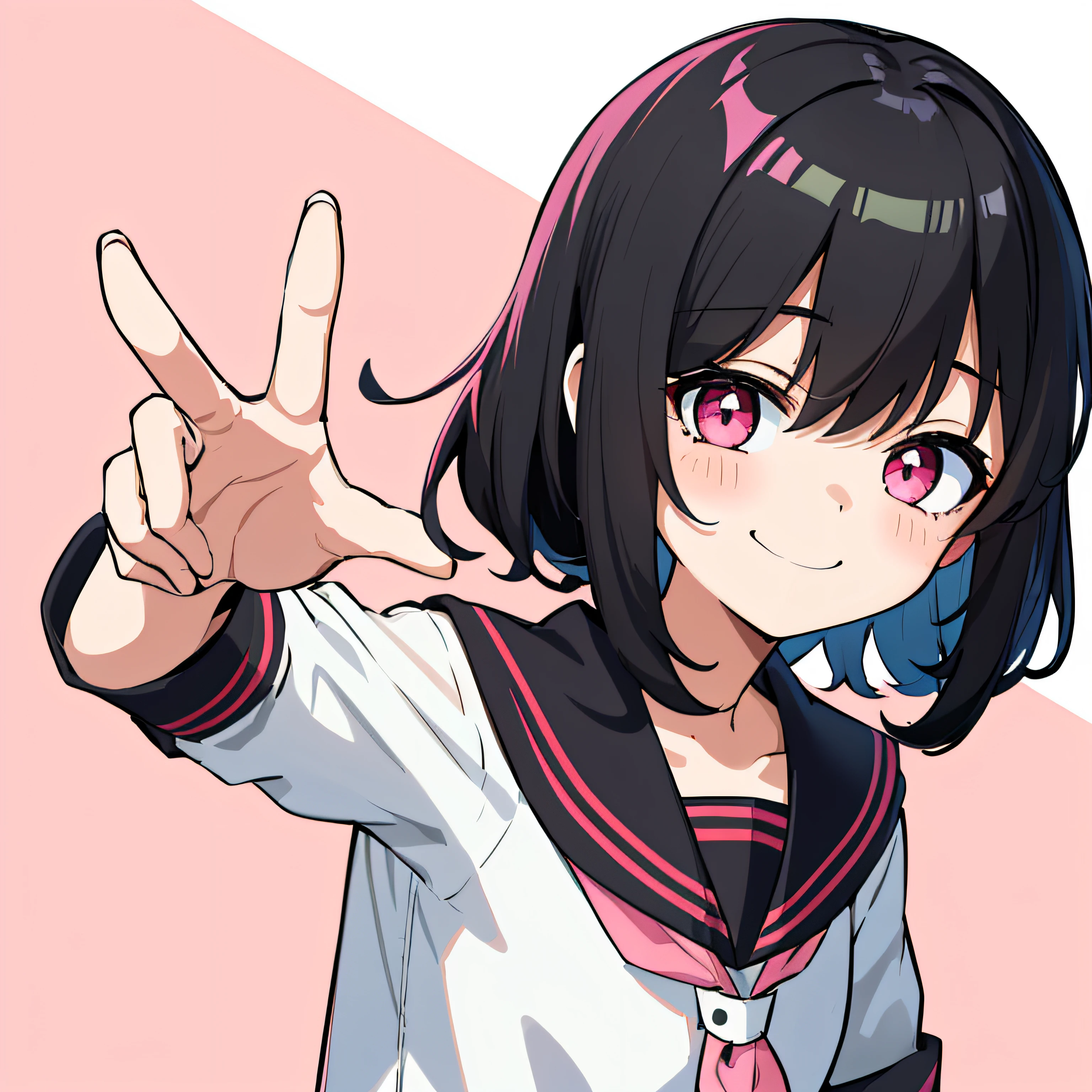 top-quality, ​masterpiece, portrait of cute girl, ((独奏)), 1girl in, (Black medium hair), Cyan hair, Pink eyes, cute little, white backgrounid, ((Happiness)), Chibi,hi-school girl、high-school uniform、,a sailor suit